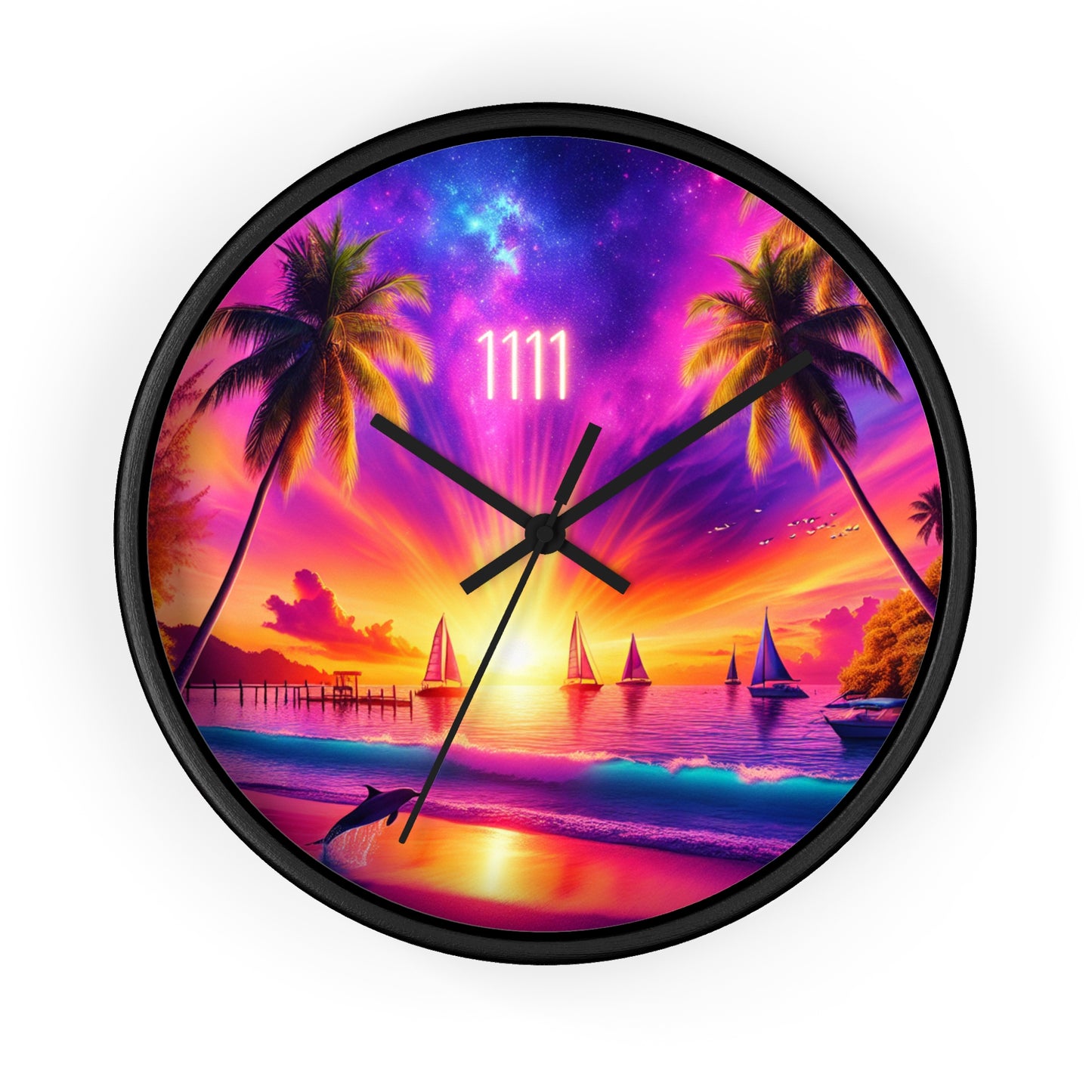 10" Wall Clock "Dolphin Serenade: A Tropical Sunset Symphony" - 1111 Tropical Beach at Sunset with Palm Trees, Dolphins, and Sailboats