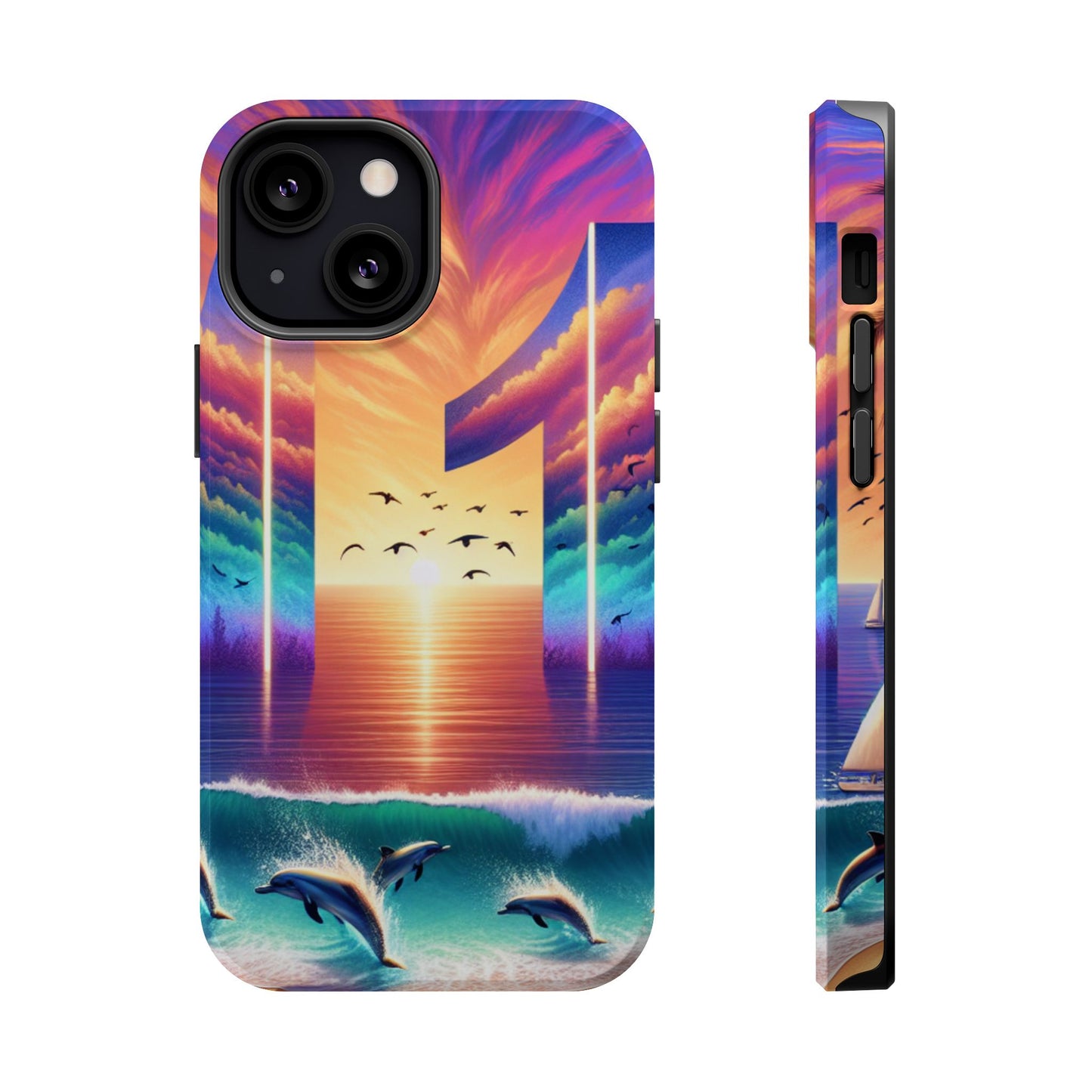 Magnetic Tough Phone case for phone 16 15 14 13 Pro Plus and Max 1111 "Island Serenity: Sunset Haven" - Tough Phone Case with Tropical Beach Sunset Dolphins ande Sailboats HD Art
