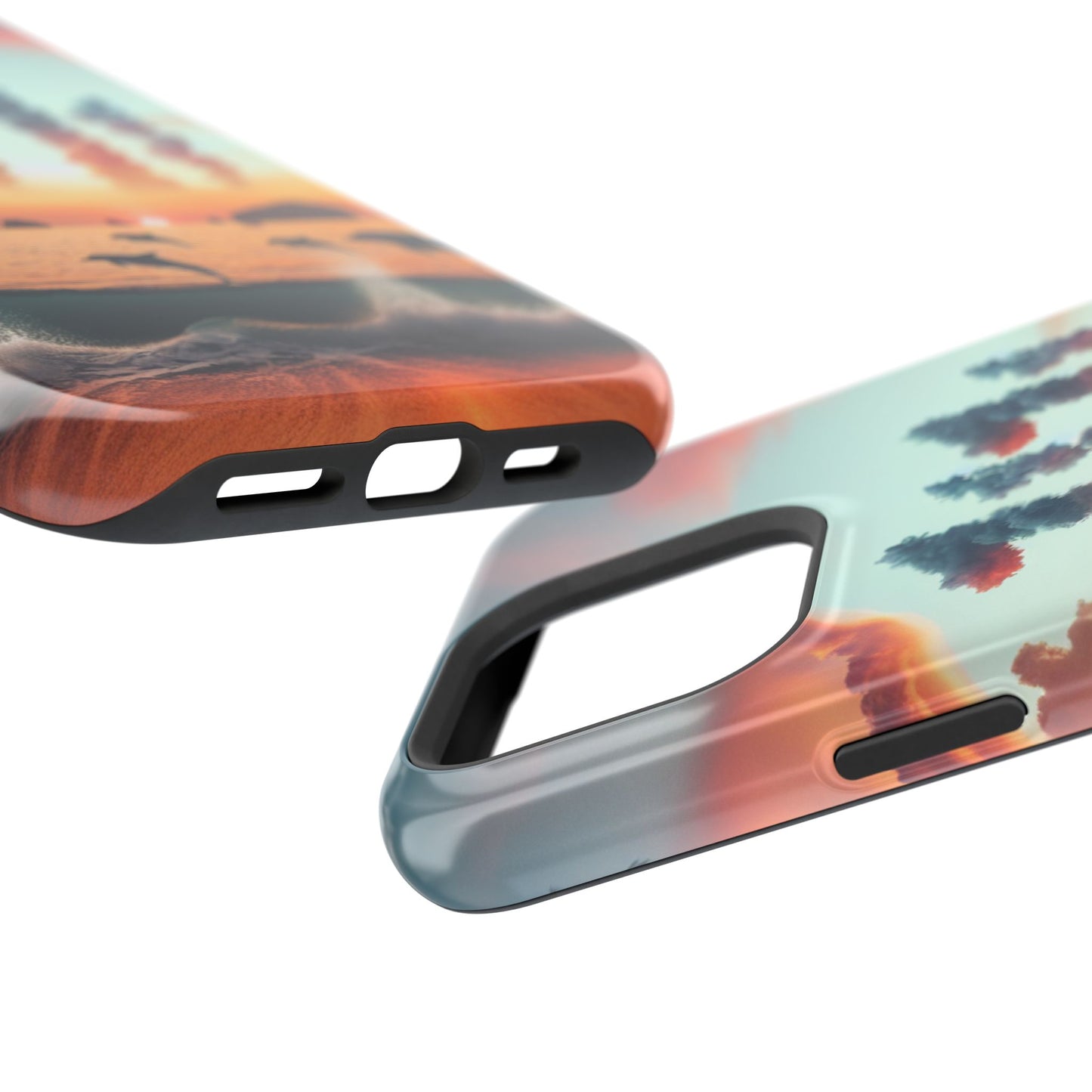 Magnetic Iphone 16 15 14 13 Pro and Max Angel number 1111 in the clouds "Sundrenched Serenity: A Tropical Twilight Symphony" - Tough Phone Case with Tropical Beach Sunset Dolphins ande Sailboats HD Art