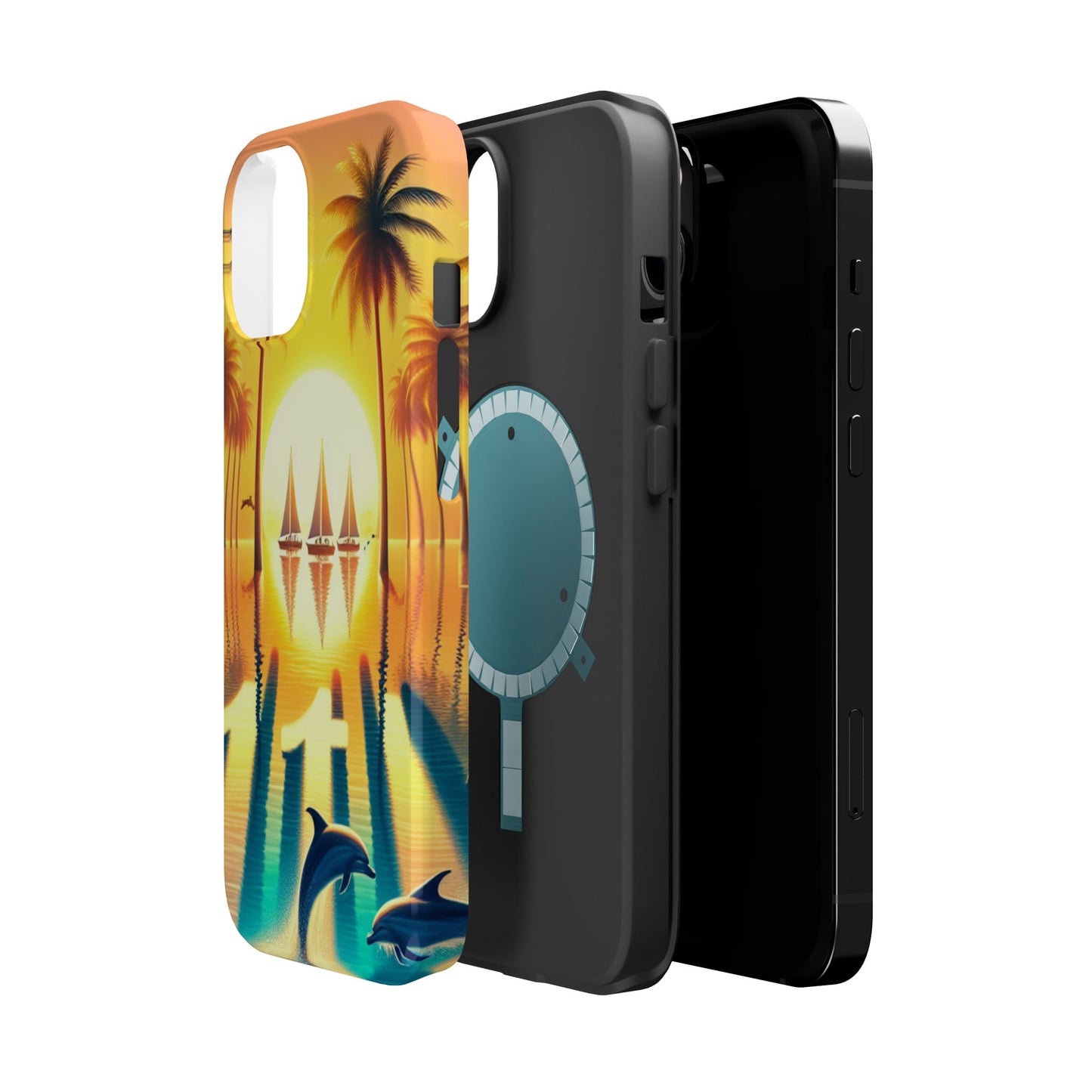 Magnetic Tough Phone case for phone 16 15 14 13 Pro Plus and Max 1111 "Sundrenched Serenity: A Tropical Twilight Masterpiece" - Tough Phone Case with Tropical Beach Sunset Dolphins ande Sailboats HD Art