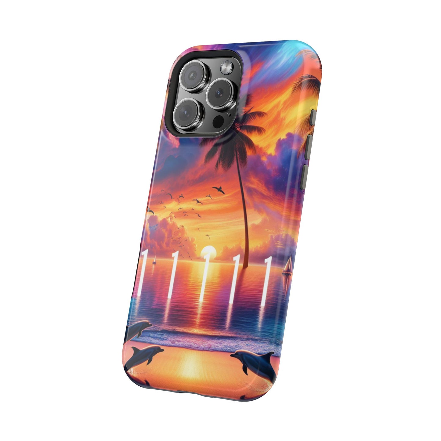 Magnetic Iphone 13-16 Pro and Max 1111 "Paradise At Dusk - A Tropical Serenity" - Tough Phone Case with Tropical Beach Sunset Dolphins ande Sailboats HD Art