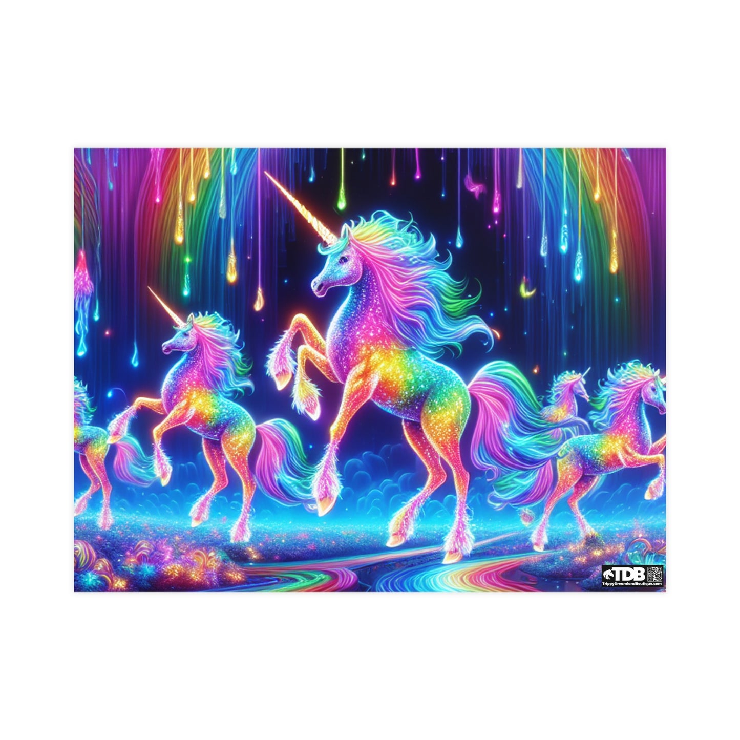 TDB Enchanting NEON Unicorns in Rainbows Vertical and Horizontal Matte Posters