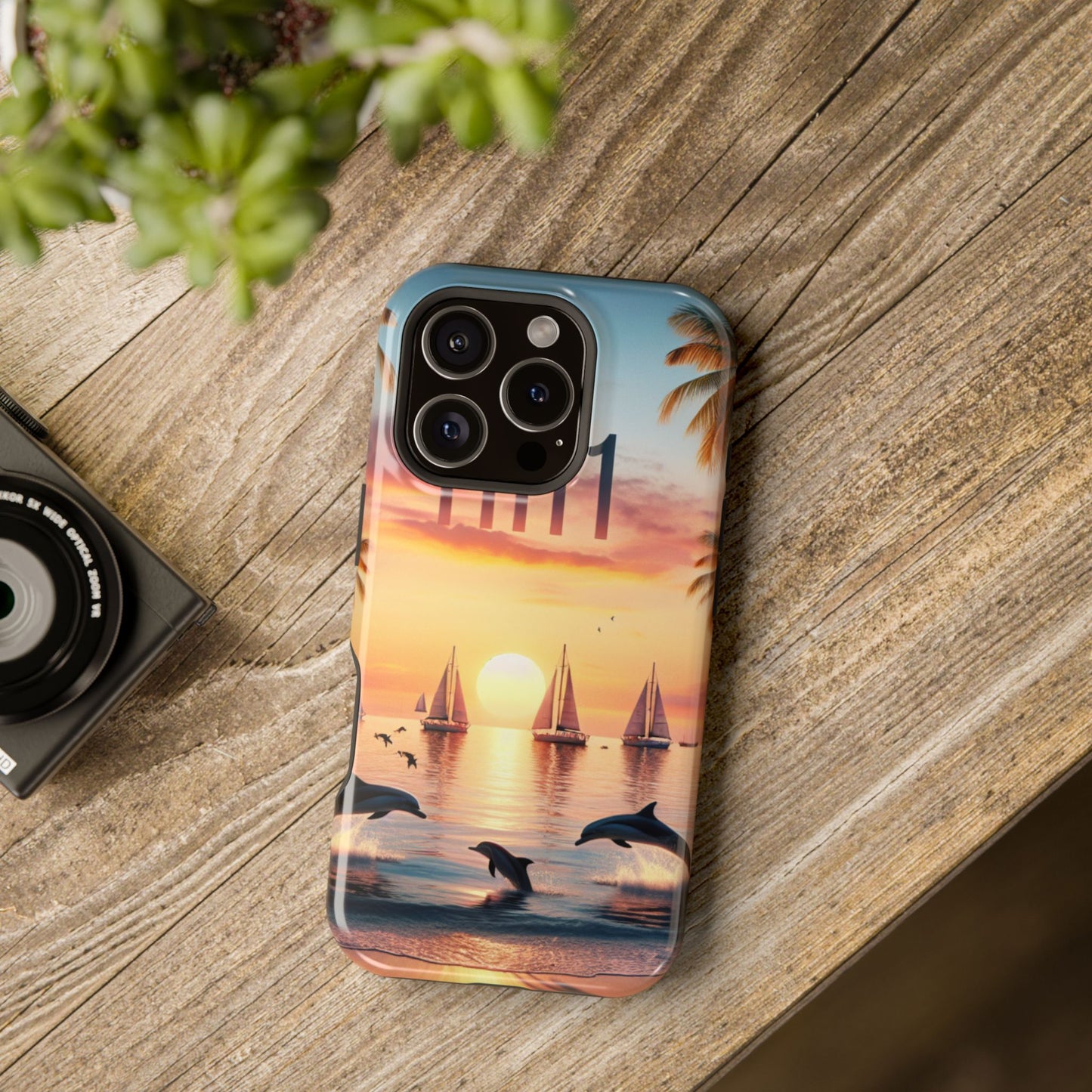 Magnetic Tough Phone case for phone 16 15 14 13 Pro Plus and Max 1111 "Sundrenched Solitude: A Tropical Twilight Tapestry" - Tough Phone Case with Tropical Beach Sunset Dolphins ande Sailboats HD Art