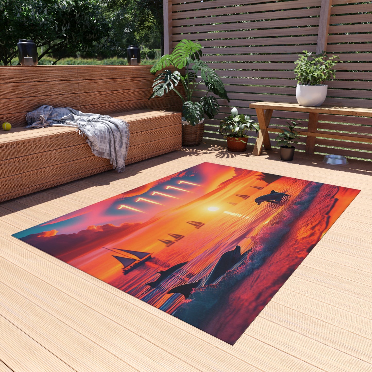 Tropical Beach Sunset with Dolphins, Sailboats and Angel number 11111 in the sky Outdoor Rug