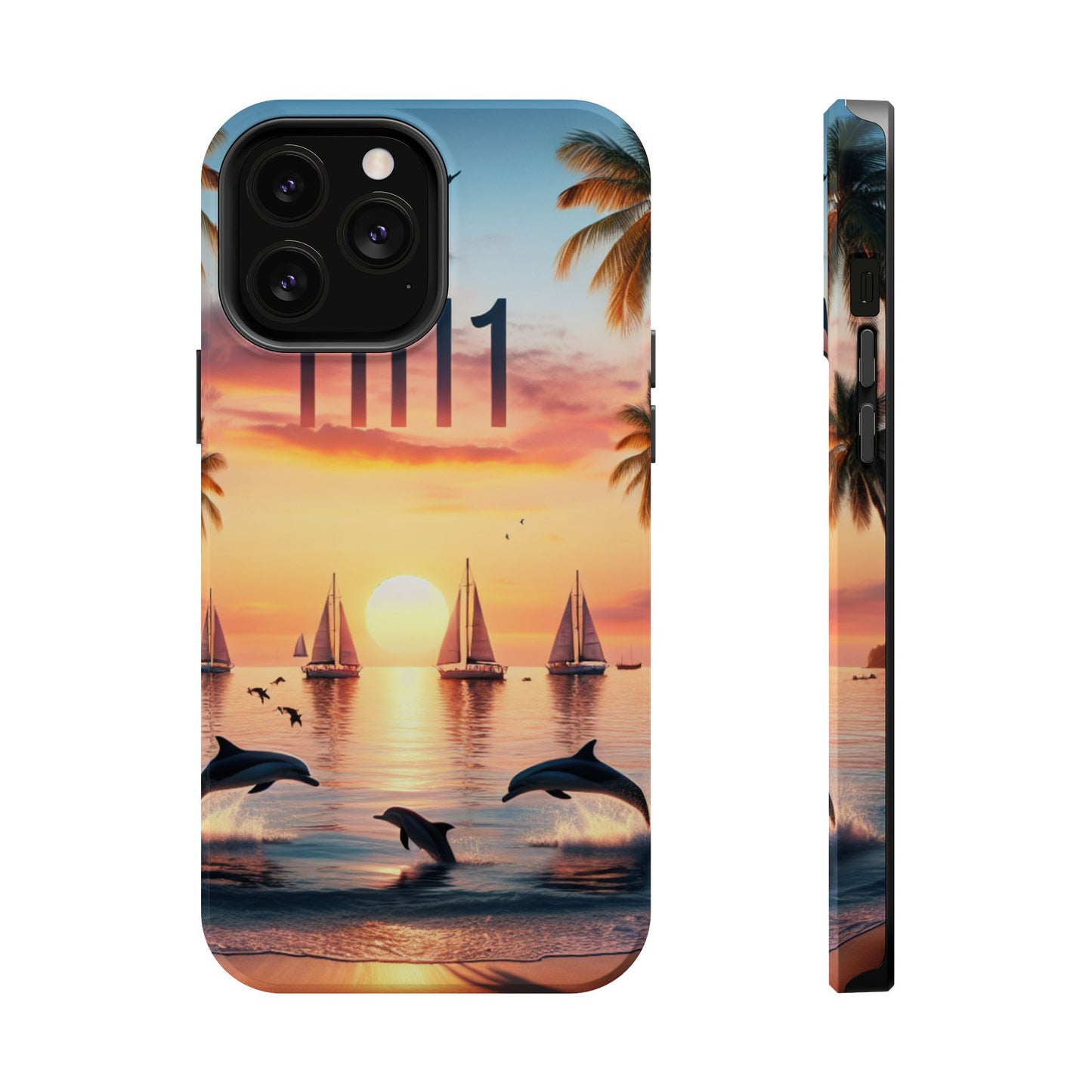 Magnetic Tough Phone case for phone 16 15 14 13 Pro Plus and Max 1111 "Sundrenched Solitude: A Tropical Twilight Tapestry" - Tough Phone Case with Tropical Beach Sunset Dolphins ande Sailboats HD Art