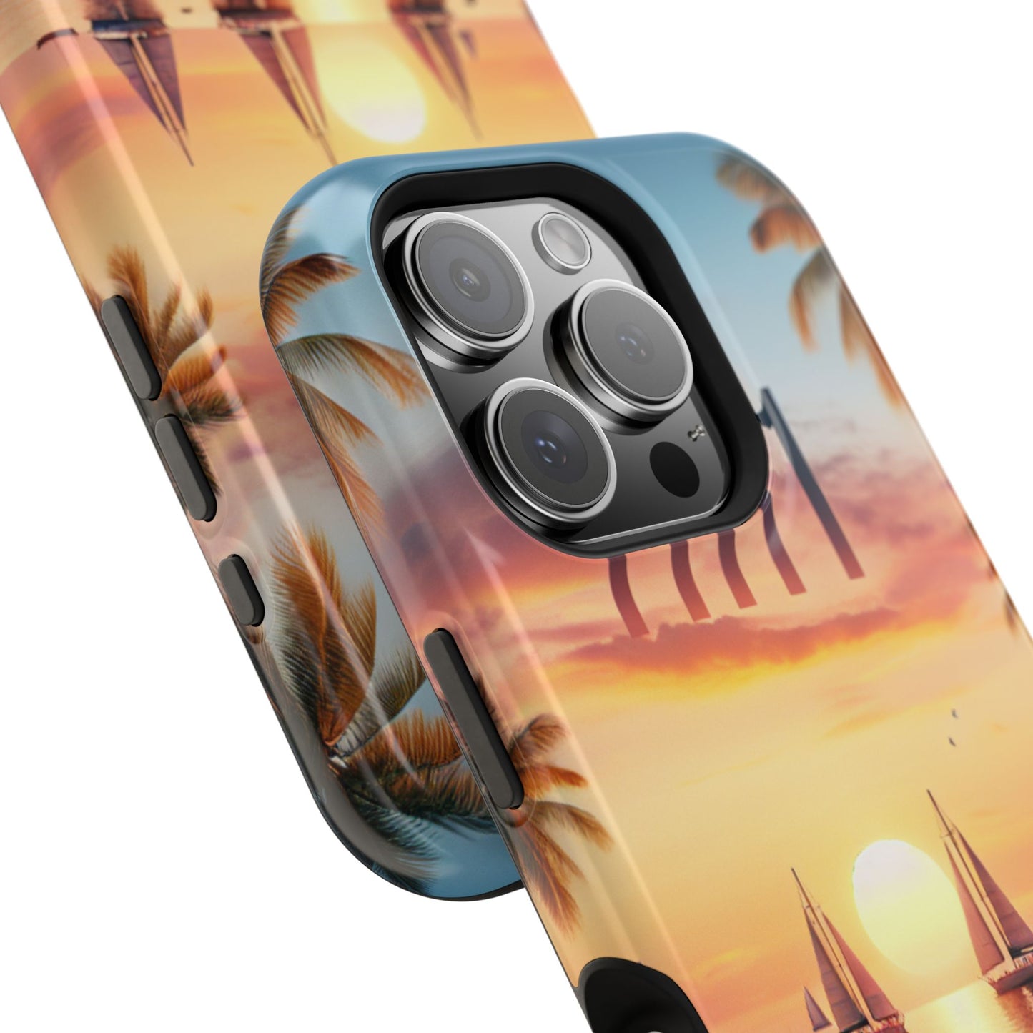 Magnetic Tough Phone case for phone 16 15 14 13 Pro Plus and Max 1111 "Sundrenched Solitude: A Tropical Twilight Tapestry" - Tough Phone Case with Tropical Beach Sunset Dolphins ande Sailboats HD Art