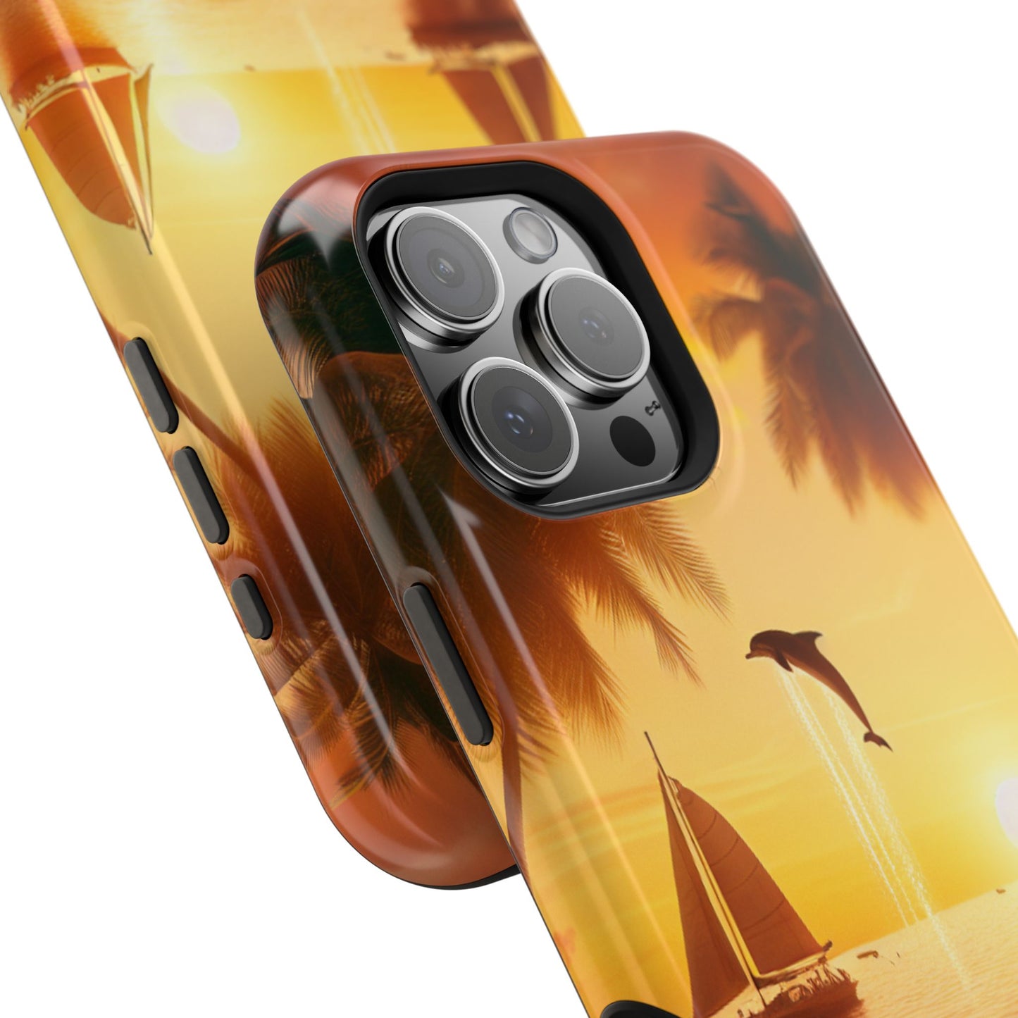 Magnetic Tough Phone case for phone 16 15 14 13 Pro Plus and Max 1111 "Sundrenched Palms: A Tropical Twilight Masterpiece" - Tough Phone Case with Tropical Beach Sunset Dolphins ande Sailboats HD Art