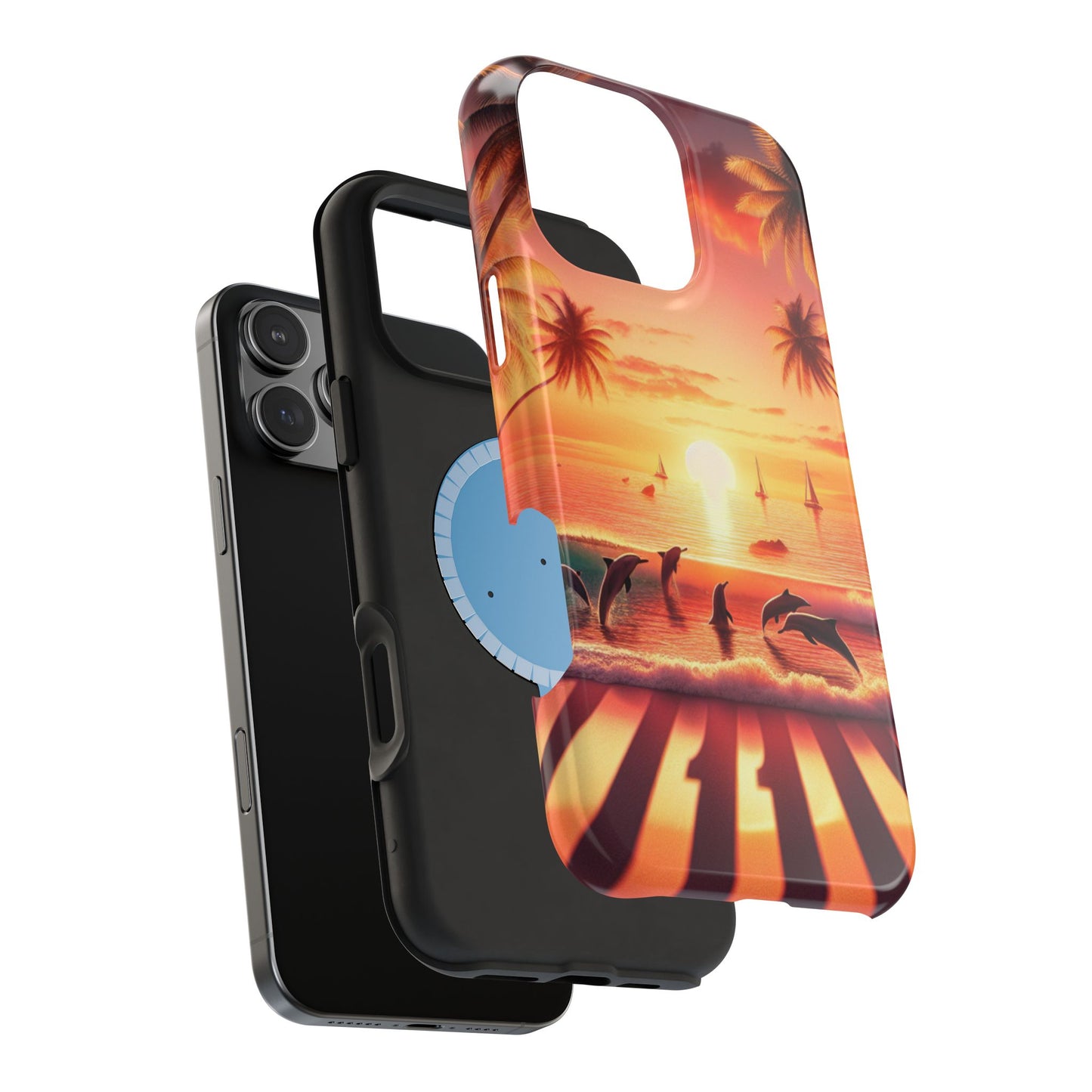 Magnetic Iphone 16 15 14 13 Pro and Max Angel number 1111 in the sand "Serenity At Dusk: Tropical Beach Euphoria" - Tough Phone Case with Tropical Beach Sunset Dolphins ande Sailboats HD Art