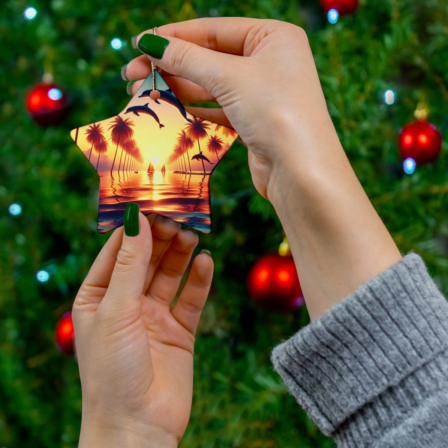 Ceramic Ornament, Tropical Beach Sunset, Star, Heart, Snowflake, Circle, Christmas Decor, Holiday Gift, Home Decor