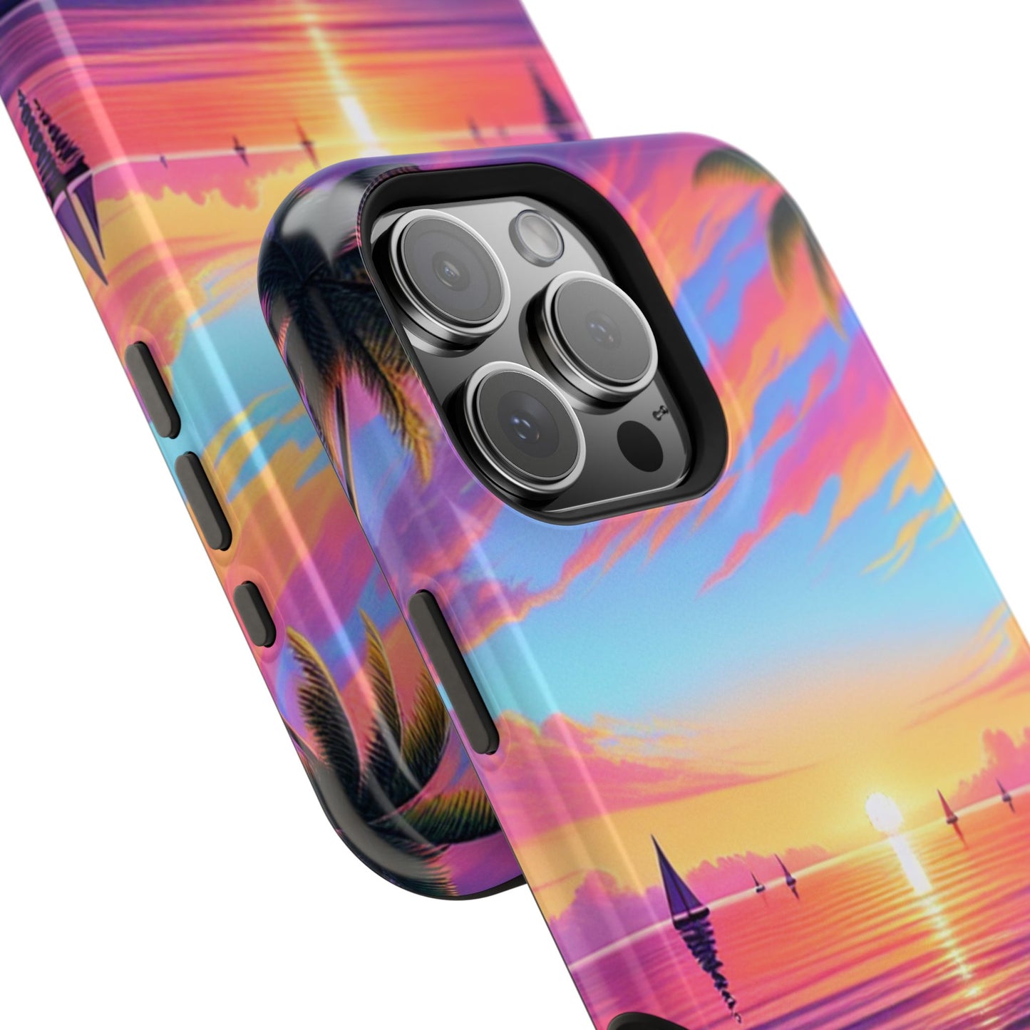 Magnetic Tough Phone case for phone 16 15 14 13 Pro Plus and Max 1111 "Paradise Serenity: A Tropical Twilight Symphony" - Tough Phone Case with Tropical Beach Sunset Dolphins ande Sailboats HD Art