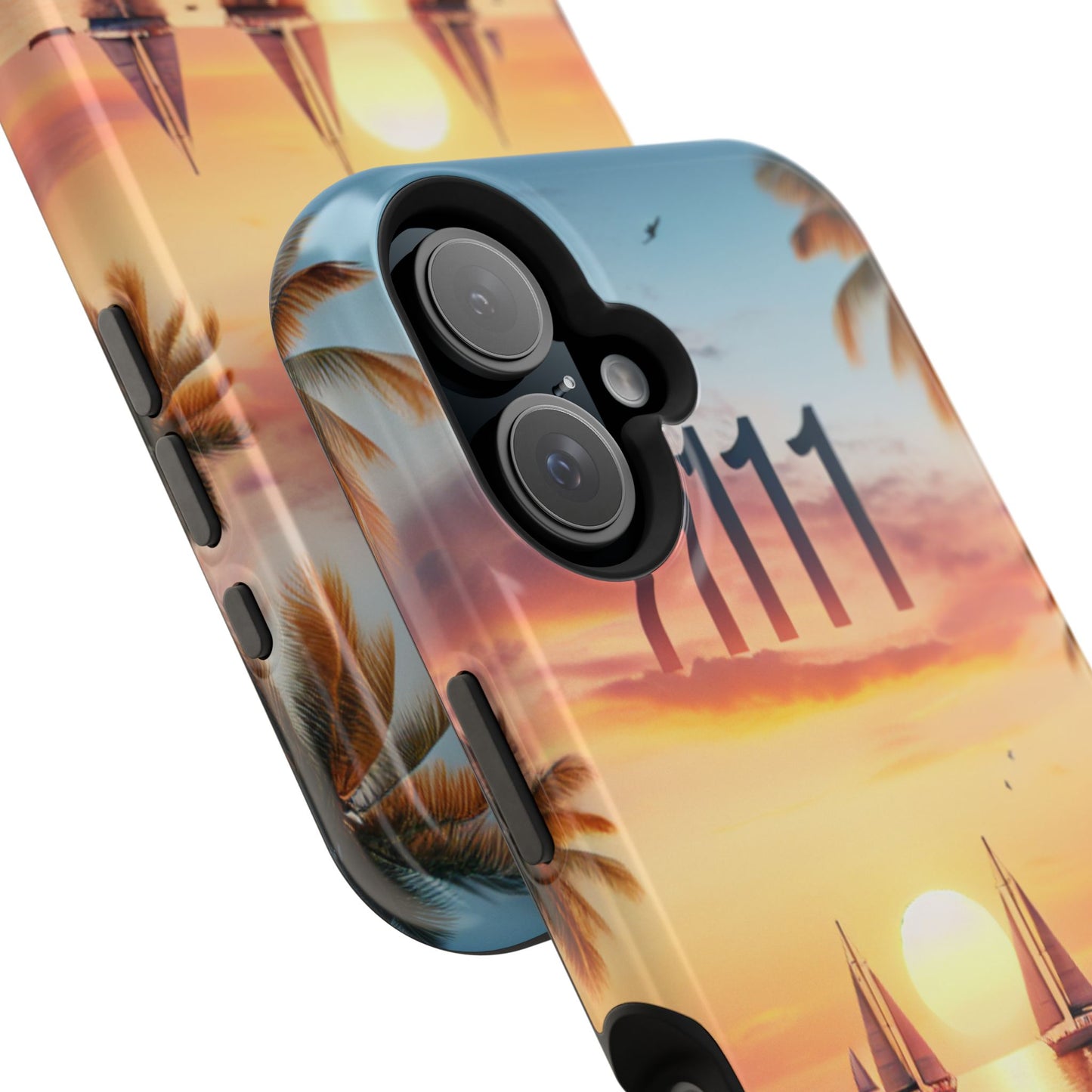 Magnetic Tough Phone case for phone 16 15 14 13 Pro Plus and Max 1111 "Sundrenched Solitude: A Tropical Twilight Tapestry" - Tough Phone Case with Tropical Beach Sunset Dolphins ande Sailboats HD Art