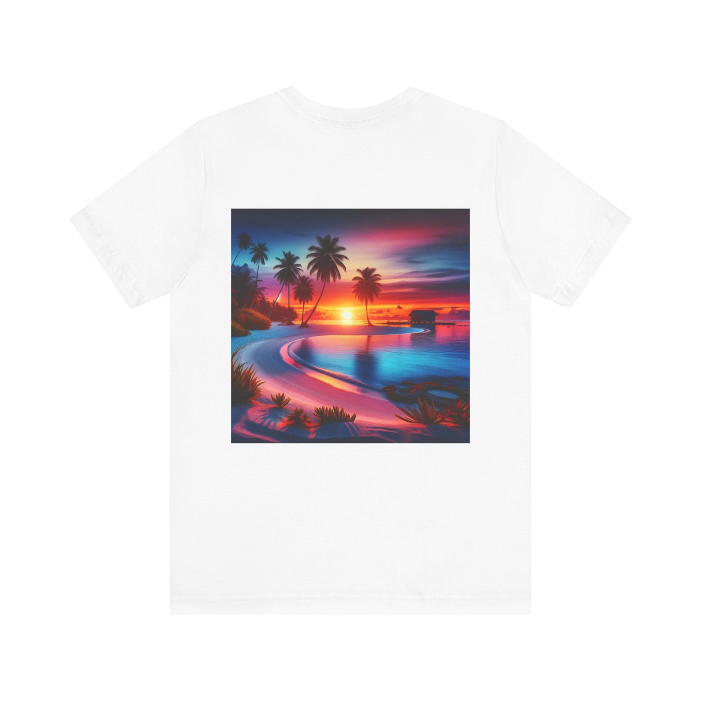 "Paradise Dusk: Tropical Serenity" - Tropical Beach Sunset with Palm Trees Unisex Jersey T-Shirt