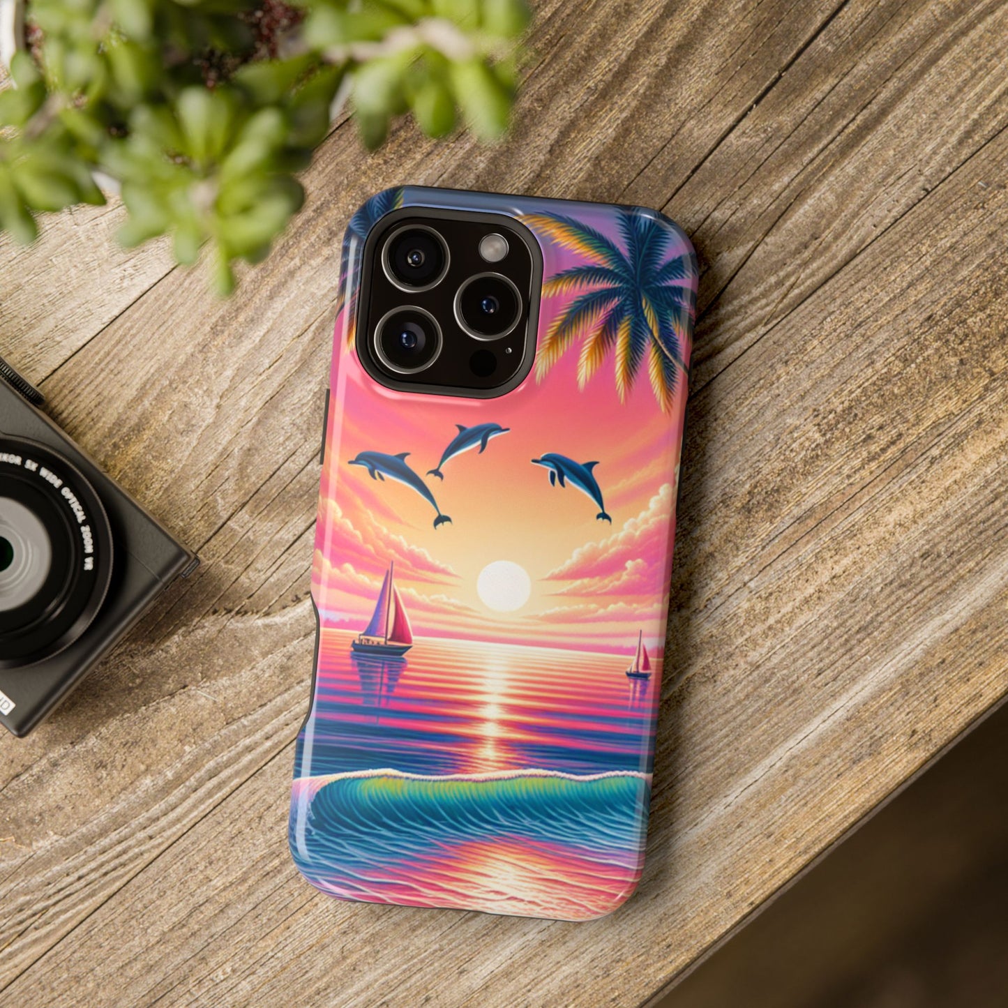 Magnetic Iphone 16 15 14 13 Pro and Max "Sunset Serenity: Tropical Paradise" - Tough Phone Case with Tropical Beach Sunset Dolphins ande Sailboats HD Art
