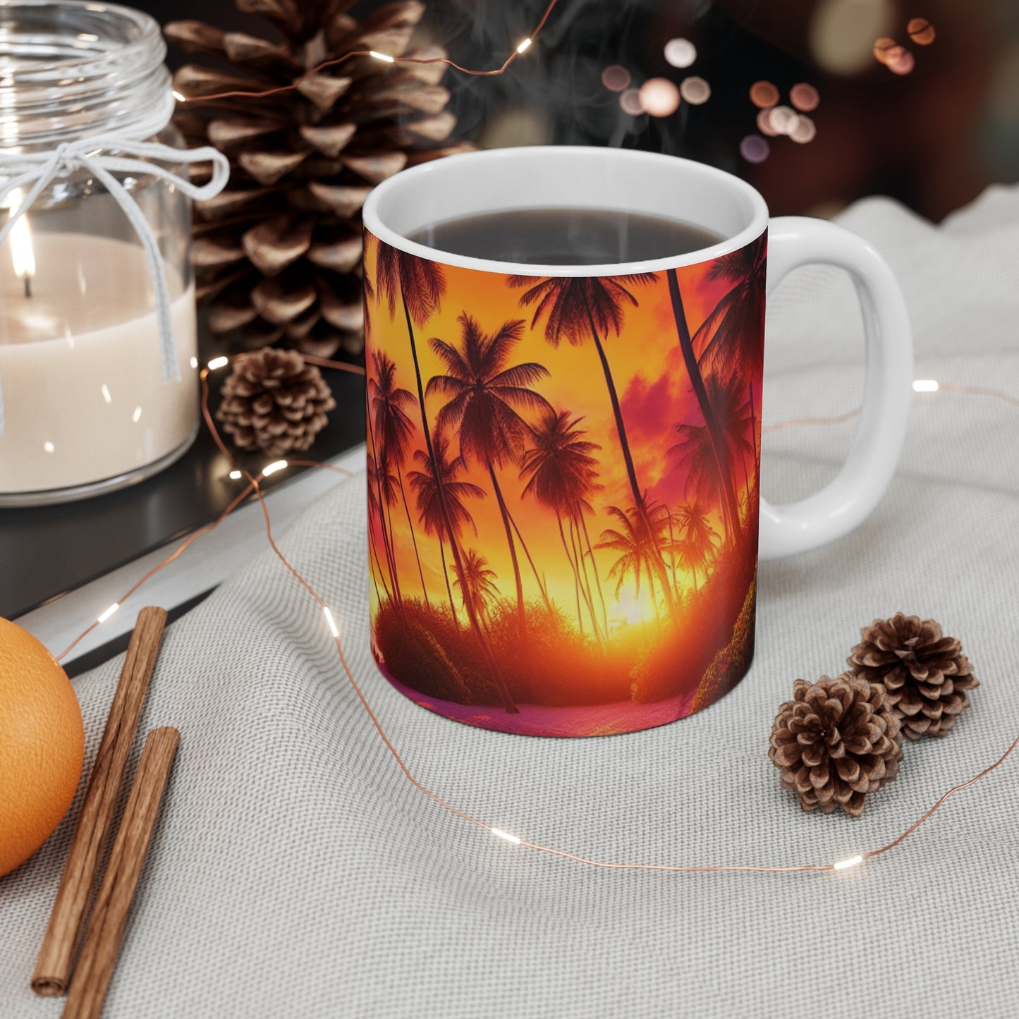 "Tropical Dusk Serenade" - Tropical Beach Sunset with Palm Trees 11oz White Mugs