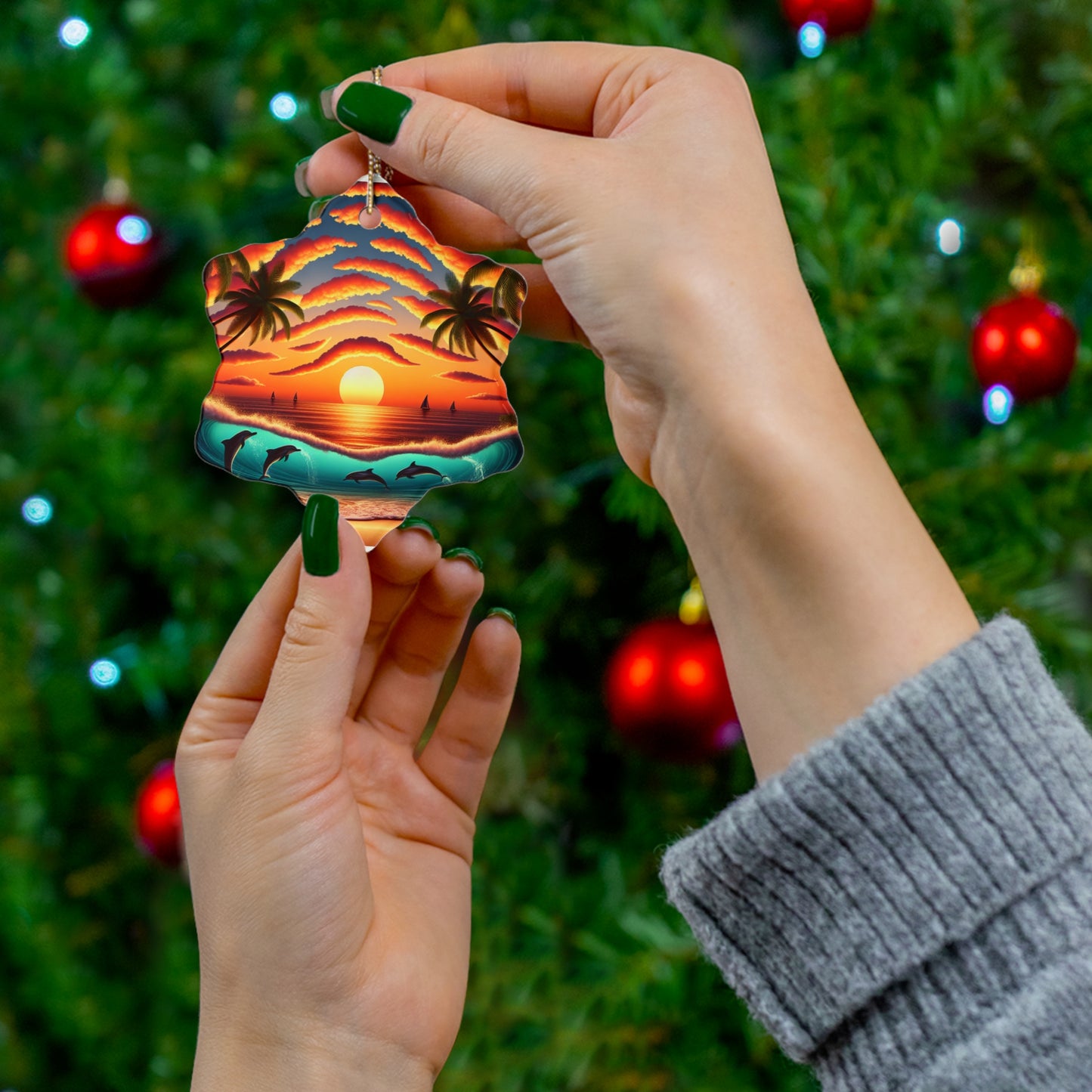 Ceramic Ornament, Tropical Beach Sunset, Star Heart Snowflake Circle, Paradise Embrace, Dolphins Sailboats Palm Trees, Christmas Tree