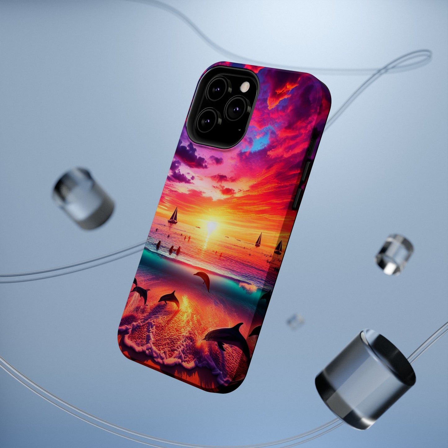 Magnetic Tough Phone case for phone 16 15 14 13 1111 "Paradise Dusk: An Enchanting Tropical Display" - Tough Phone Case with Tropical Beach Sunset Dolphins ande Sailboats HD Art