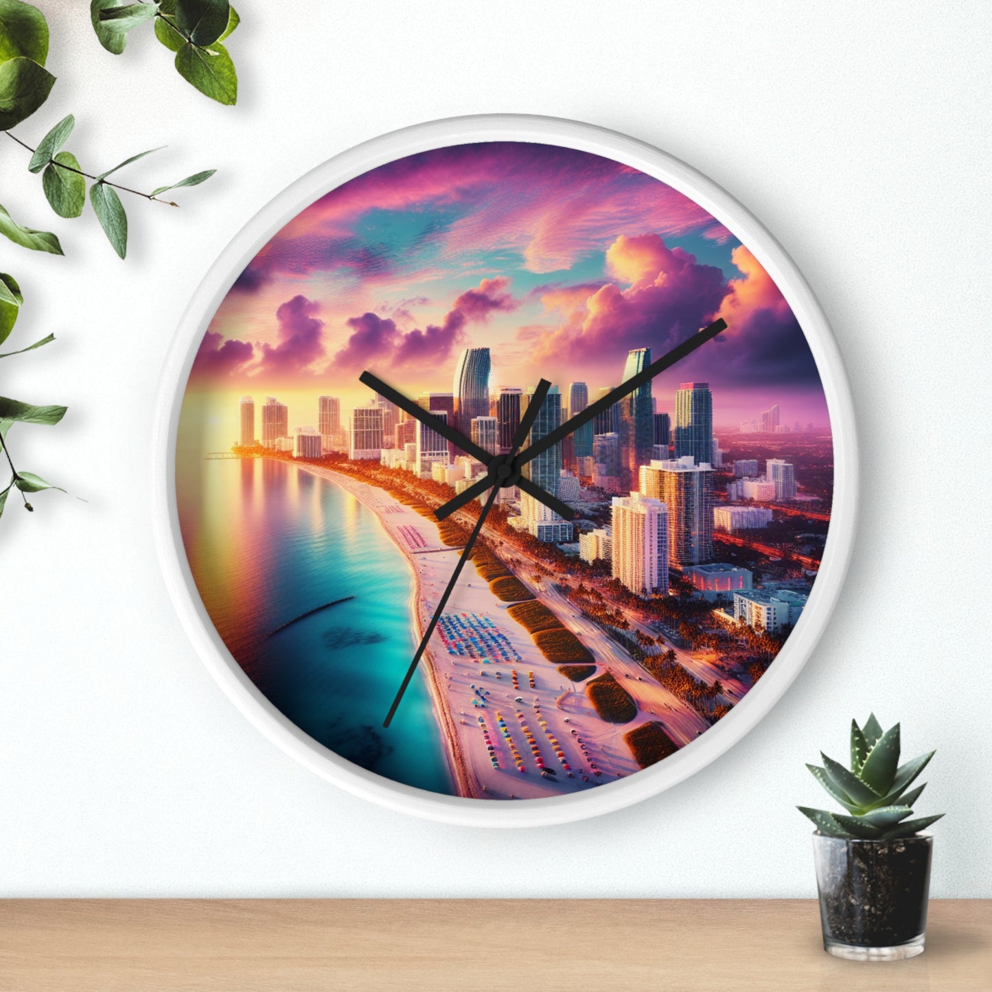Miami Beach Skyline at Pastel Sunset Wall Art Clock