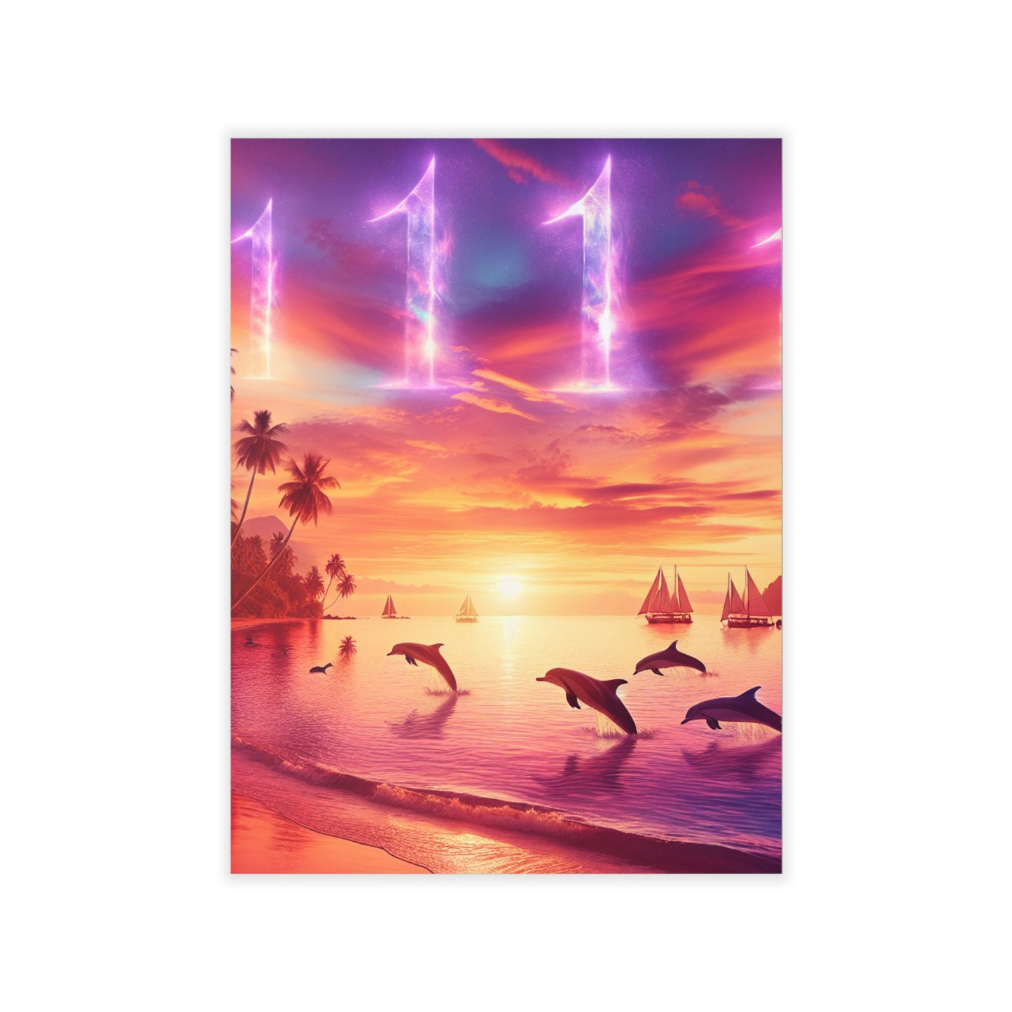 Repositionanable Wall Art Angel number 1111 "Crimson Serenity: An Exotic Sundown Symphony" - Tropical Beach at Sunset with Dolphins and Sailboats