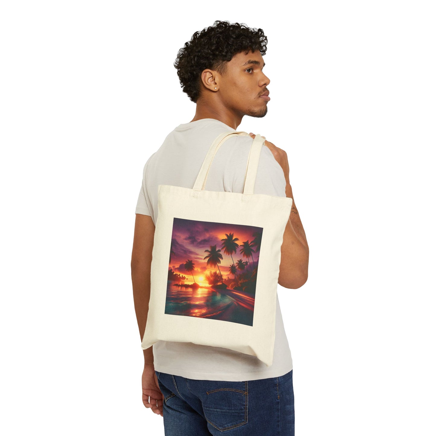 "Paradise Serenity: A Tropical Dusk Symphony" - Natural or Black Cotton Canvas Tote Bag with Tropical Beach Sunset and Palm Trees