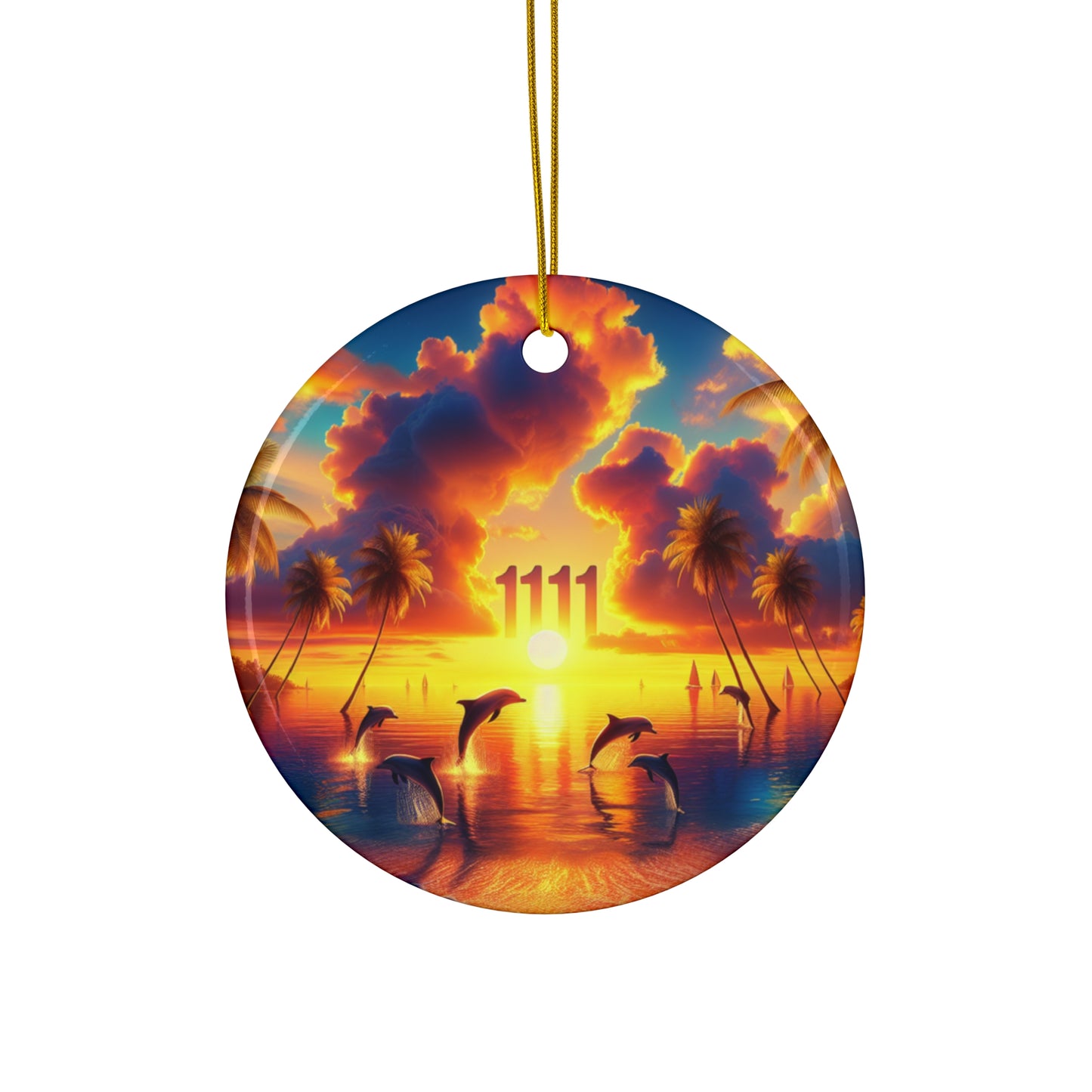 Ceramic Ornament Star, Heart, Snowflake or Circle 1111 "Paradise Serenity: Tropical Sunset Escape" - Tropical Beach Sunset with Palm Trees, Dolphins, and Sailboats