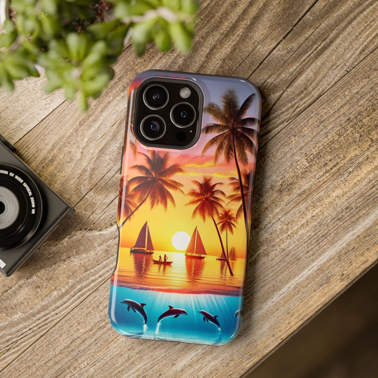 Magnetic Iphone 16 15 14 13 Pro and Max "Serenity at Sunset: A Tropical Tranquility" - Tough Phone Case with Tropical Beach Sunset Dolphins and Sailboats HD Art