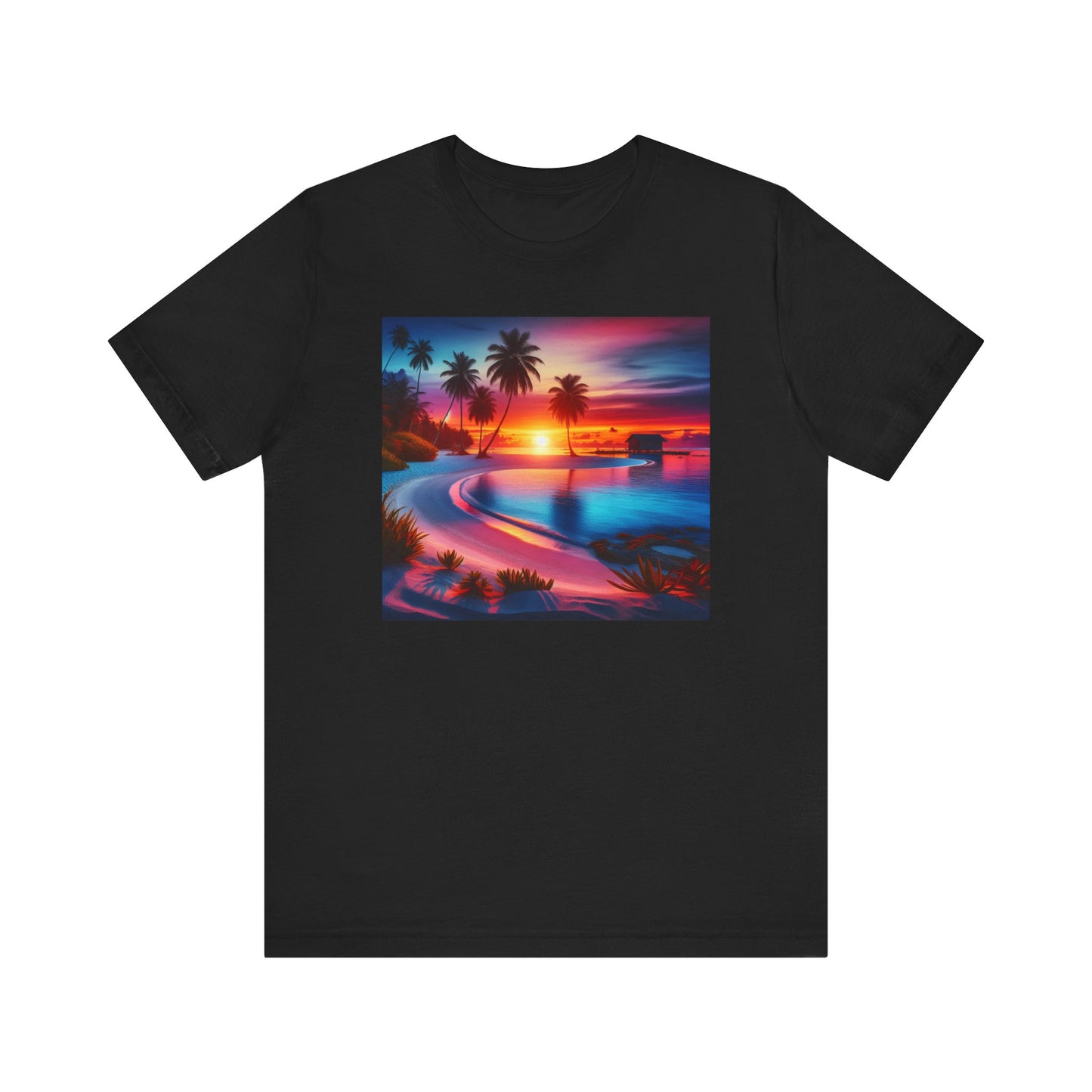 "Paradise Dusk: Tropical Serenity" - Tropical Beach Sunset with Palm Trees Unisex Jersey T-Shirt