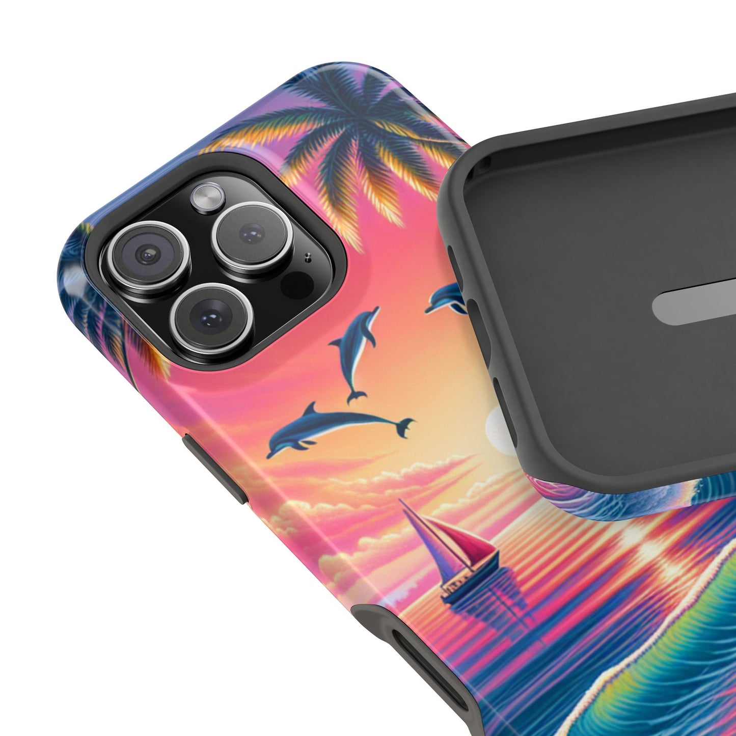Magnetic Iphone 16 15 14 13 Pro and Max "Sunset Serenity: Tropical Paradise" - Tough Phone Case with Tropical Beach Sunset Dolphins ande Sailboats HD Art