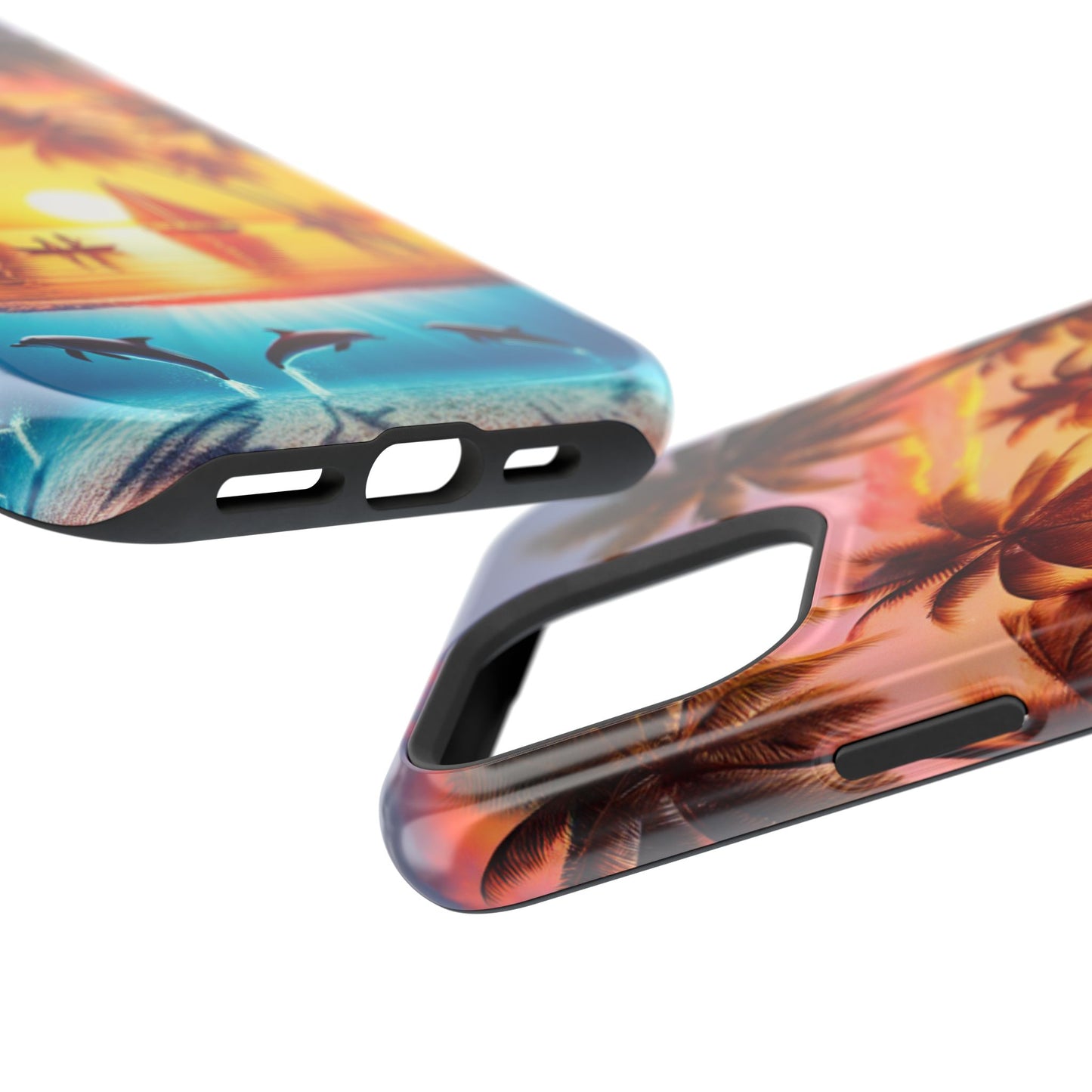 Magnetic Iphone 16 15 14 13 Pro and Max "Serenity at Sunset: A Tropical Tranquility" - Tough Phone Case with Tropical Beach Sunset Dolphins and Sailboats HD Art
