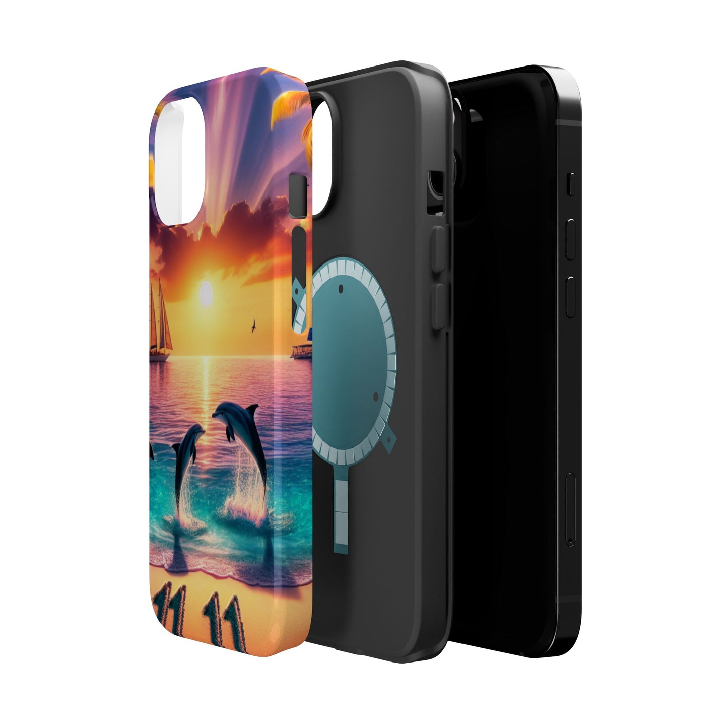 Magnetic Tough Phone case for phone 16 15 14 13 Pro Plus and Max 1111 "Sunset Serenity: A Tropical Paradise" - Tough Phone Case with Tropical Beach Sunset Dolphins ande Sailboats HD Art