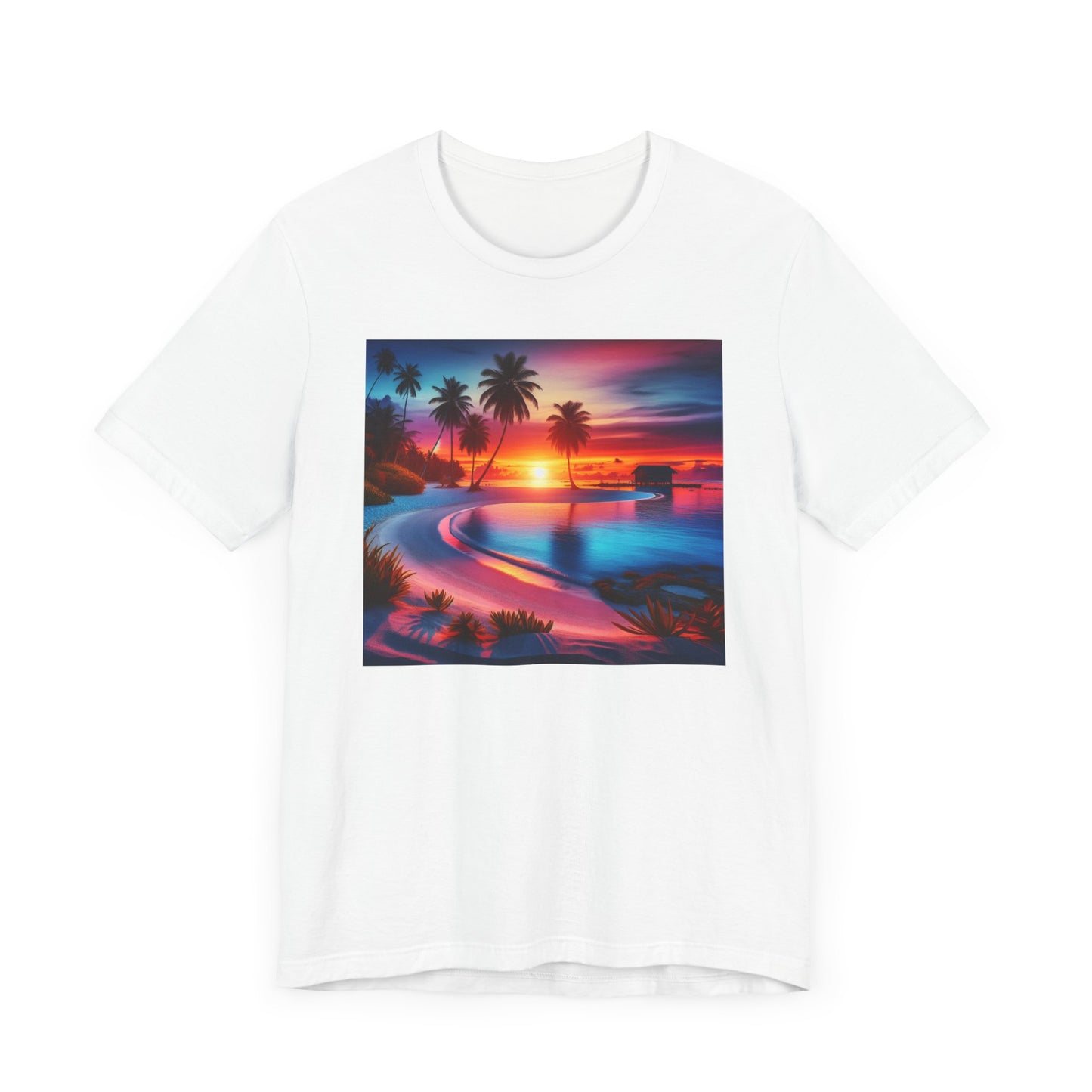 "Paradise Dusk: Tropical Serenity" - Tropical Beach Sunset with Palm Trees Unisex Jersey T-Shirt