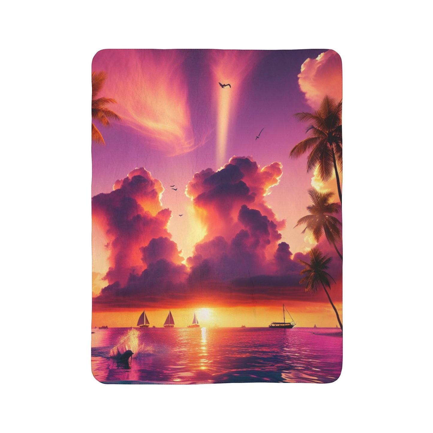 Sherpa Fleece Blanket 1111 "Divine Serenity: A Tropical 1111 Angelic Twilight Symphony" - with Tropical Beach Sunset, Palm Trees, Dolphins, and Sailboats
