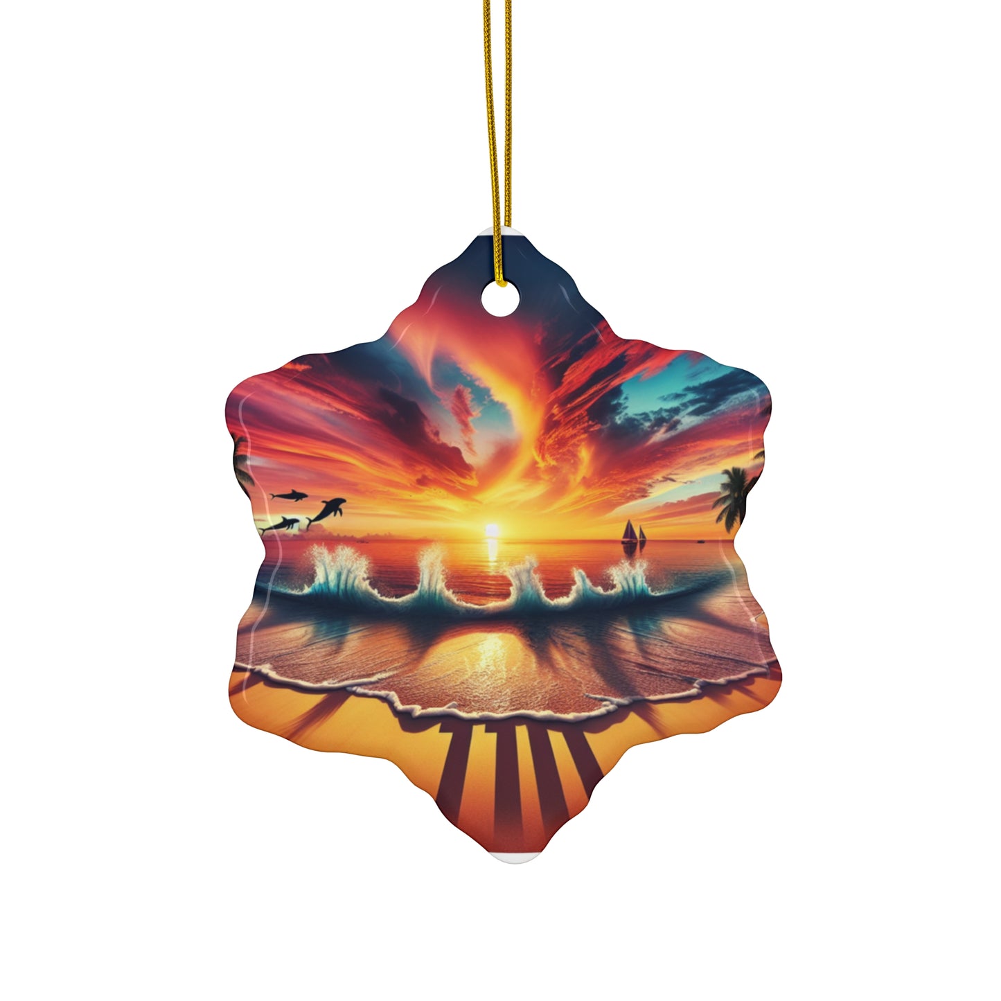 Ceramic Ornament Star, Heart, Snowflake or Circle 1111 "Paradise Embrace: Tropical Sunset Serenade" - Tropical Beach Sunset with Palm Trees, Dolphins, and Sailboats