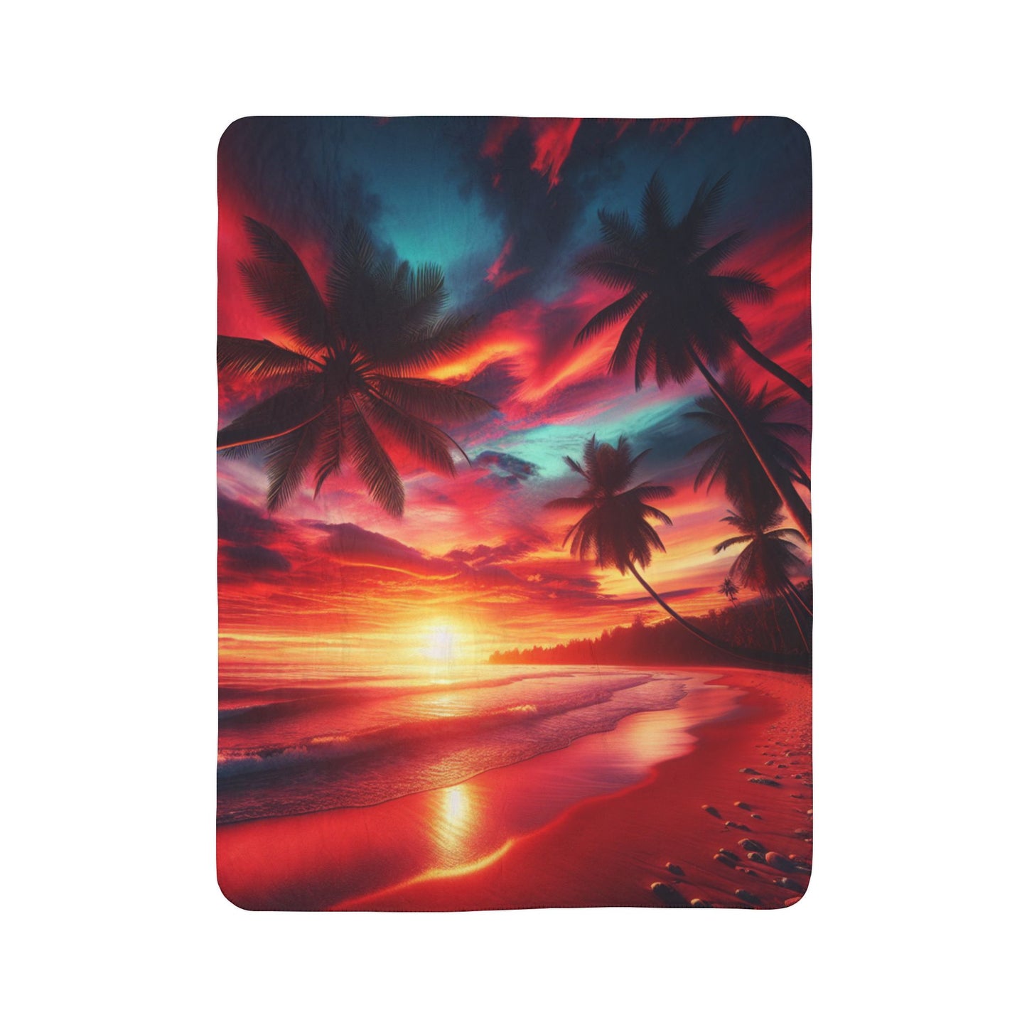 "Island Serenity: A Tropical Sunset Symphony" - Sherpa Fleece Blanket with Tropical Beach Sunset and Palm Trees