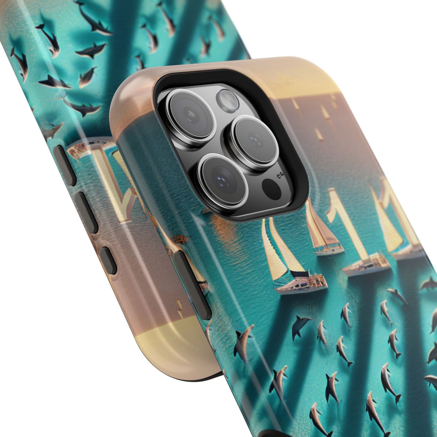 Tough Phone Case, Paradise Unveiled: A Tropical Sunset Symphony, Magnetic Iphone 13-16 Pro Plus and Max 1111, Beach Dolphins Sailboats, HD