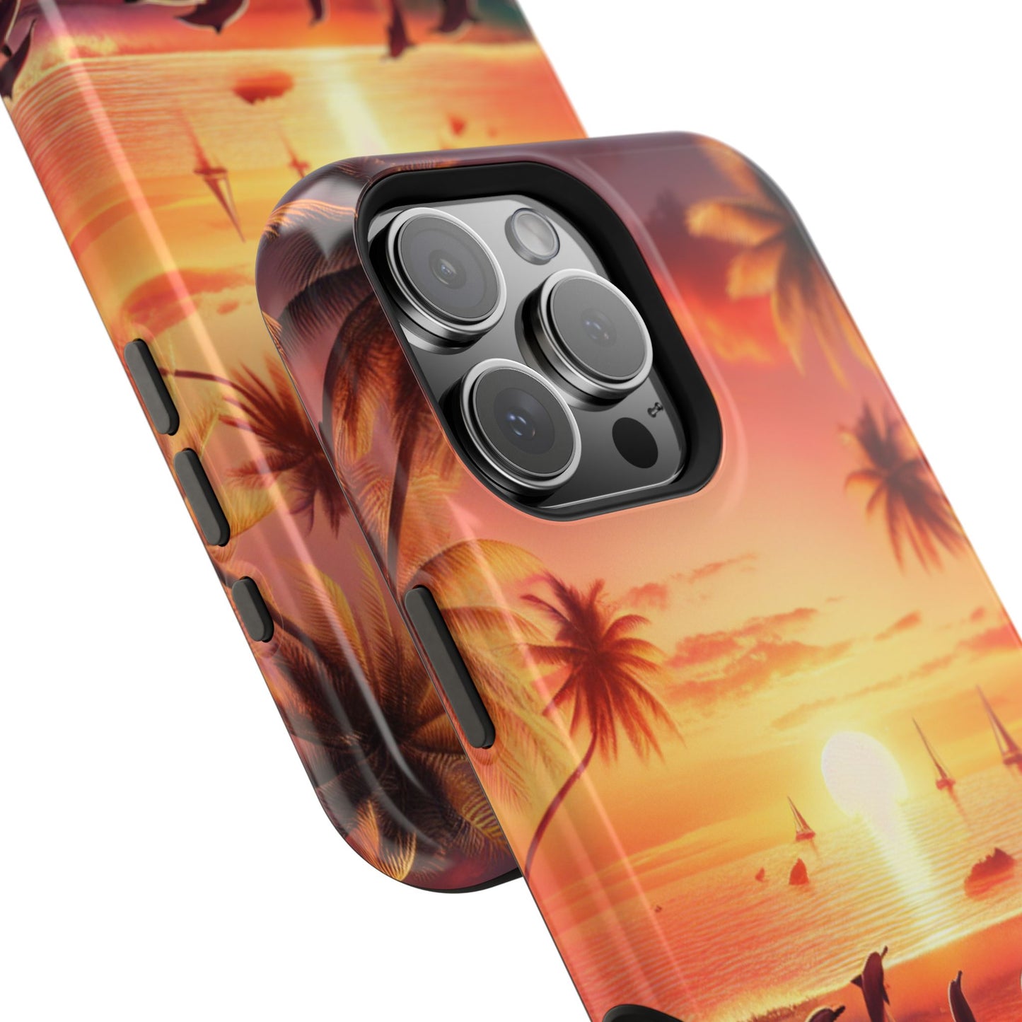 Magnetic Iphone 16 15 14 13 Pro and Max Angel number 1111 in the sand "Serenity At Dusk: Tropical Beach Euphoria" - Tough Phone Case with Tropical Beach Sunset Dolphins ande Sailboats HD Art
