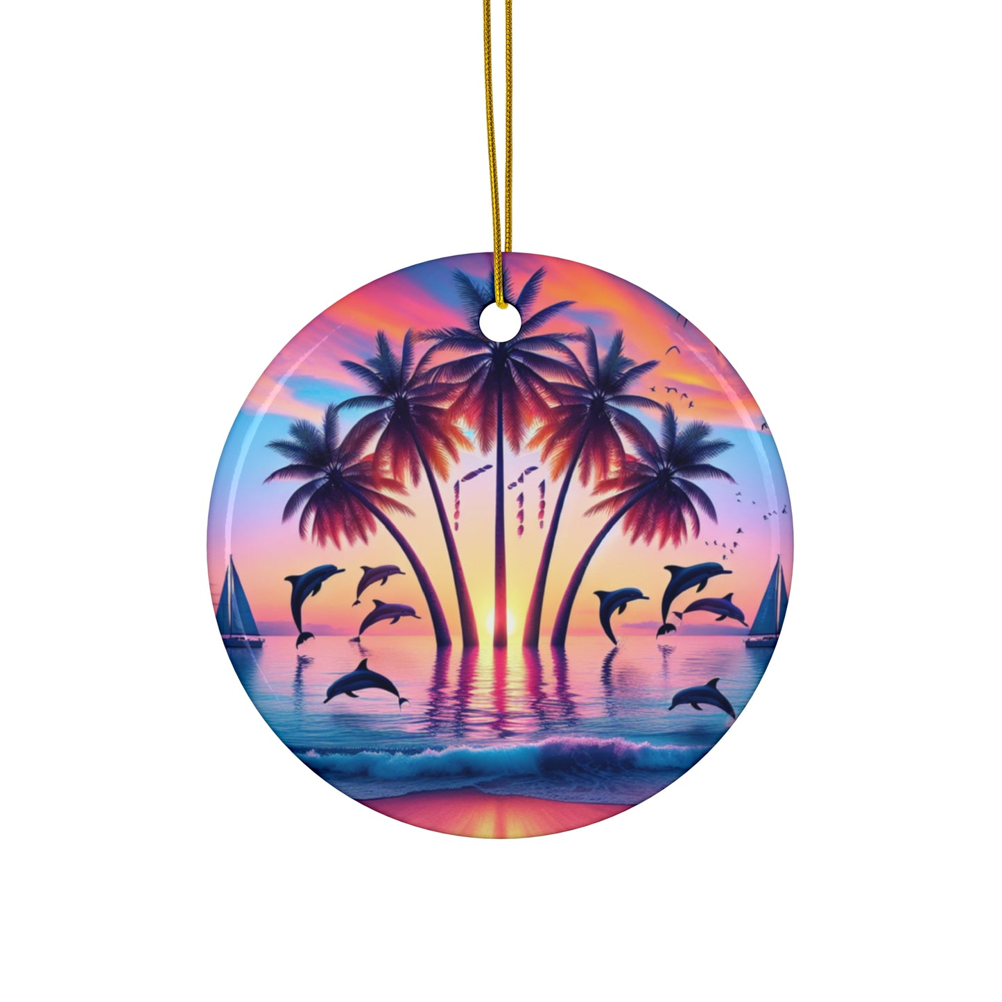 Ceramic Ornament Star, Heart, Snowflake or Circle 1111 "Paradise Twilight: A Tropical Transcendence" - Tropical Beach Sunset with Palm Trees, Dolphins, and Sailboats