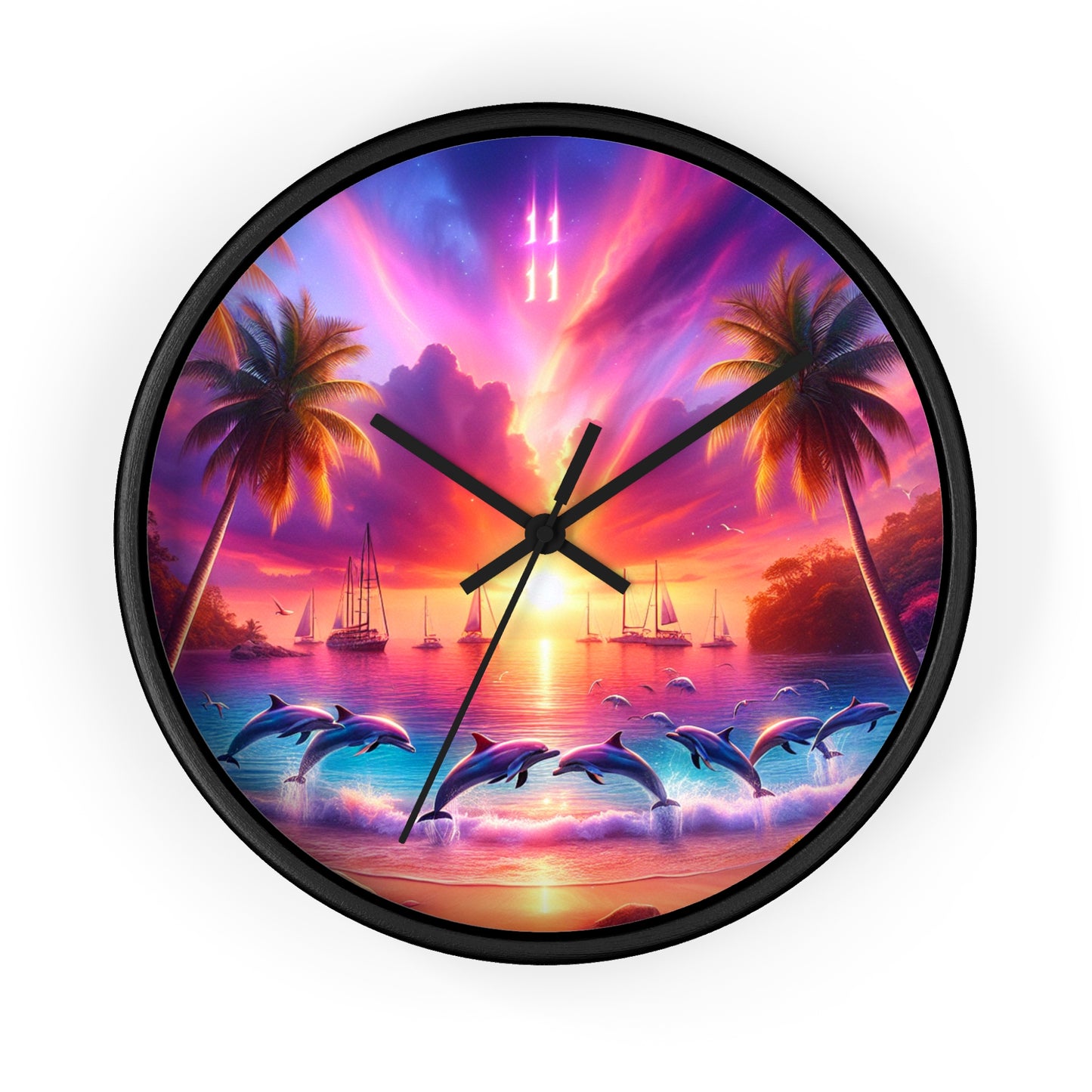 10" Wall Clock "Dolphin Dusk Enchantment: A Tropical Paradiso Symphony" - 1111 Tropical Beach at Sunset with Palm Trees, Dolphins, and Sailboats