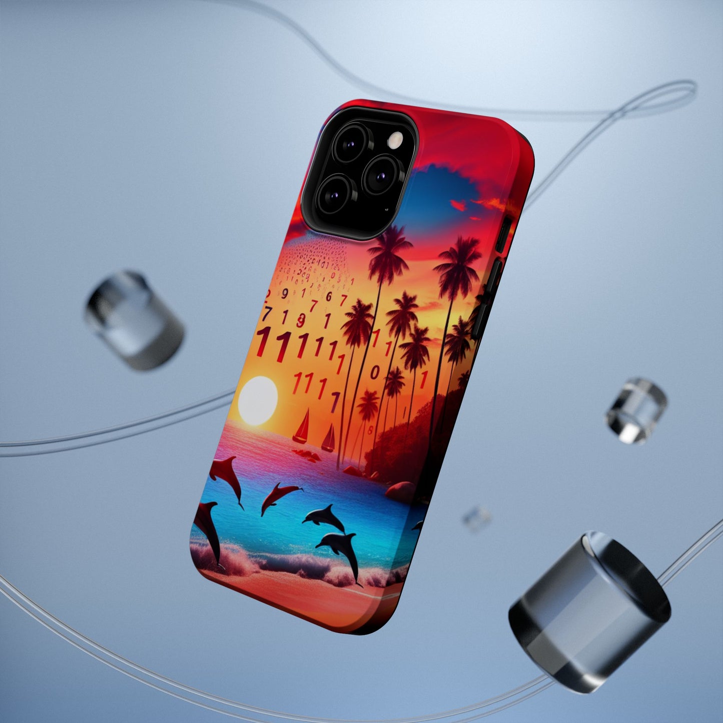 Magnetic Tough Phone case for phone 16 15 14 13 Pro Plus and Max 1111 "Serenity Horizon: Tropical Sundown Symphony" - Tough Phone Case with Tropical Beach Sunset Dolphins ande Sailboats HD Art