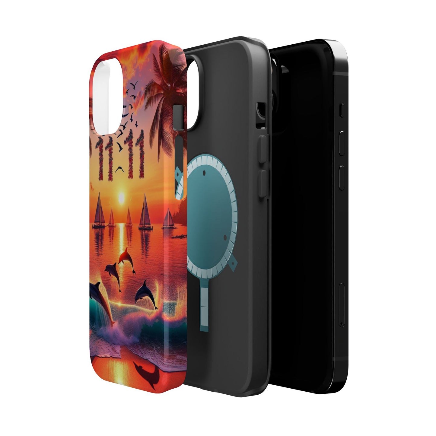 Magnetic Tough Phone case for phone 16 15 14 13 Pro Plus and Max 1111 "Sundrenched Serenity: A Tropical Twilight Masterpiece" - Tough Phone Case with Tropical Beach Sunset Dolphins ande Sailboats HD Art