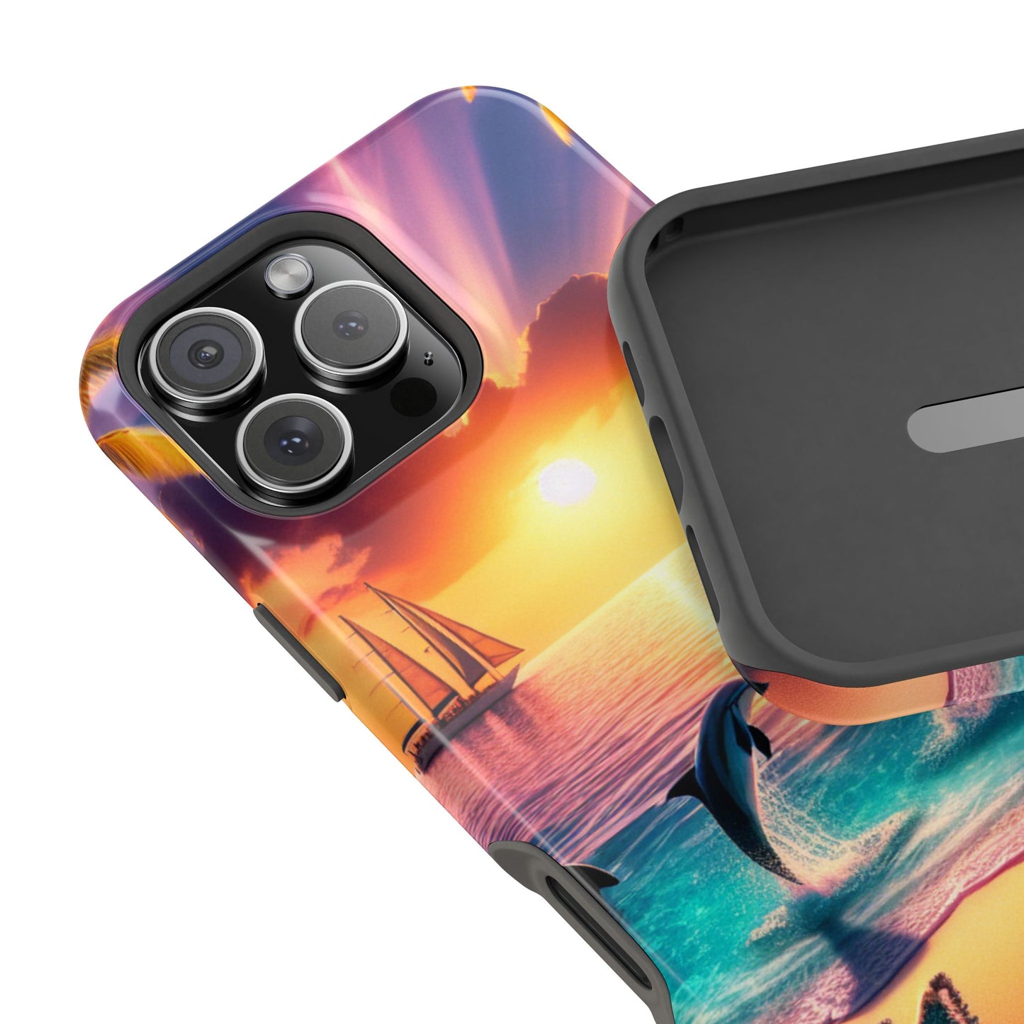 Magnetic Tough Phone case for phone 16 15 14 13 Pro Plus and Max 1111 "Sunset Serenity: A Tropical Paradise" - Tough Phone Case with Tropical Beach Sunset Dolphins ande Sailboats HD Art