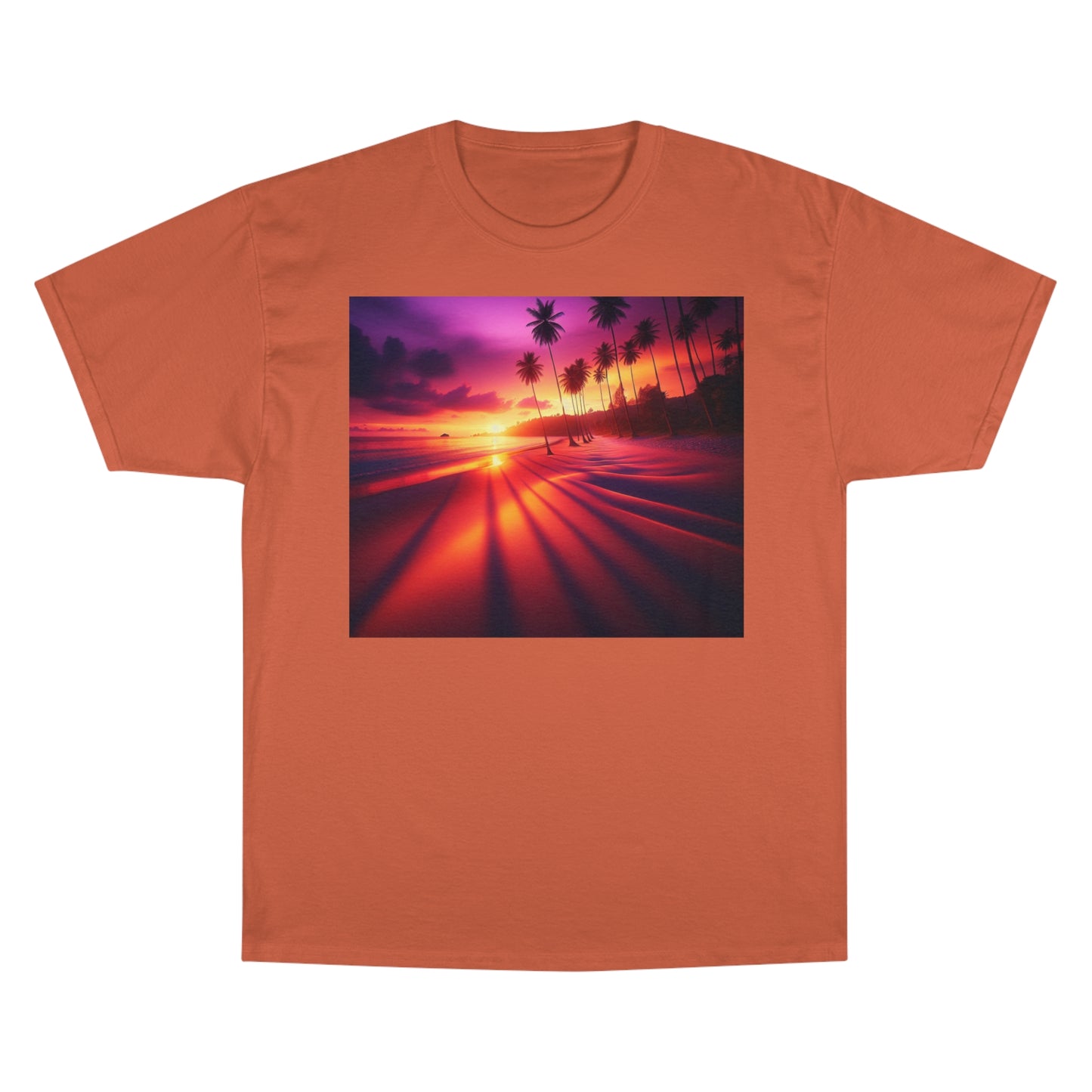"Palms Embrace the Sun: A Tropical Twilight Symphony" - Champion Tee Tropical Beach Sunset with Palm Trees