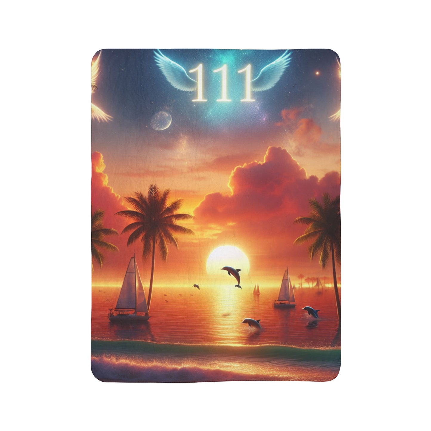 Sherpa Fleece Blanket 1111 "Serene Paradise: A 1111 Angel Numbered Tropical Escape" - with Tropical Beach Sunset, Palm Trees, Dolphins, and Sailboats