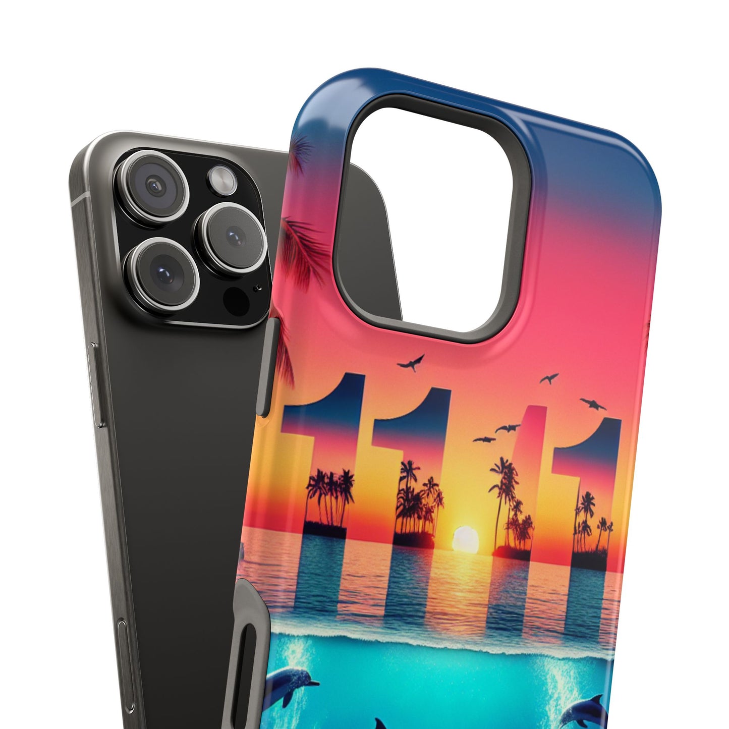 Magnetic Phone Cases, Tropical Sunset Symphony Tough Case for iPhone, Beach Dolphin Sailboat Art, Max Pro 13-16, Paradise Unveiled