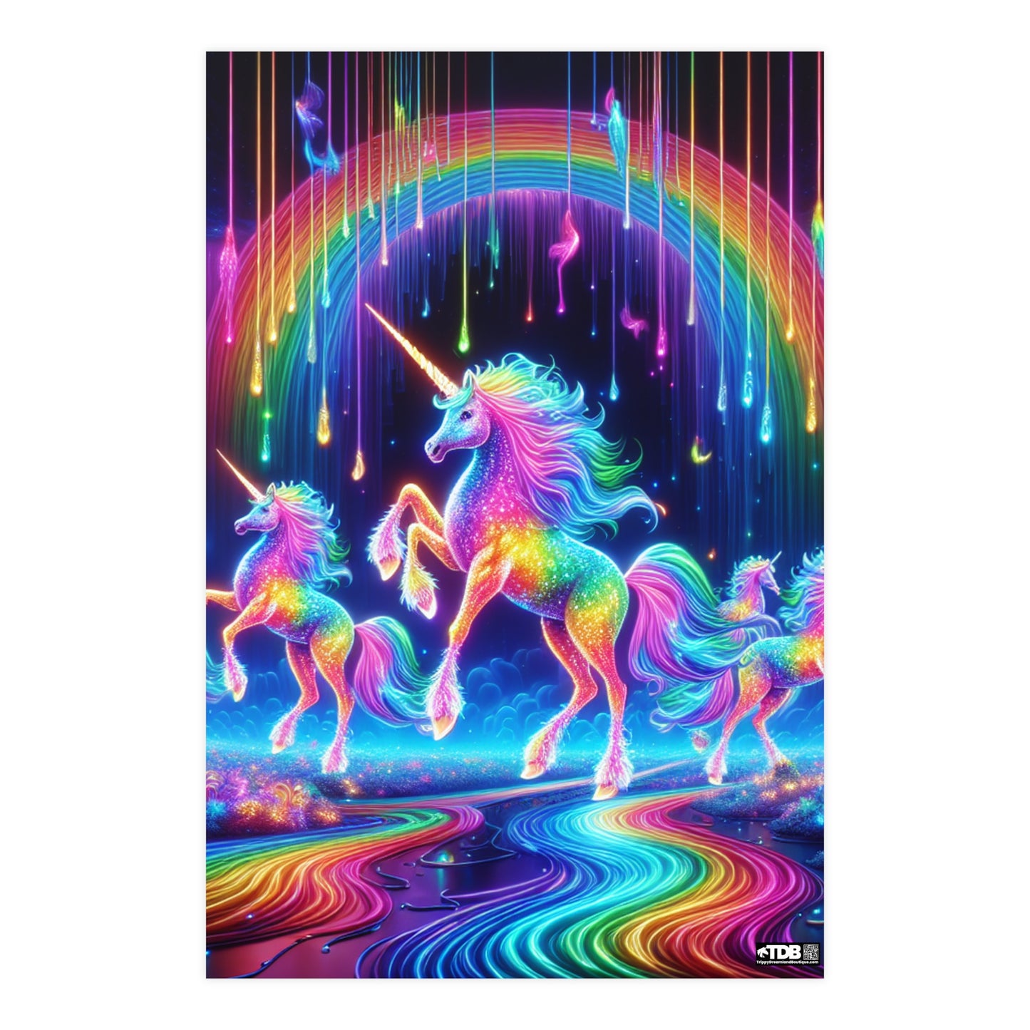 TDB Enchanting NEON Unicorns in Rainbows Vertical and Horizontal Matte Posters