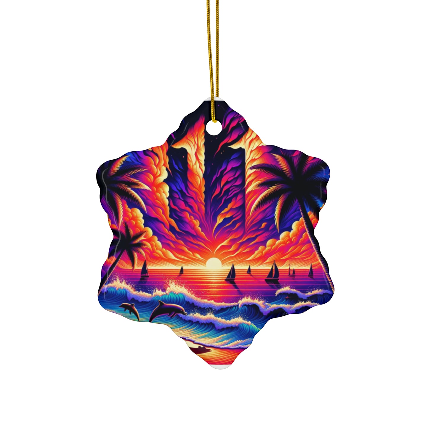 Ceramic Ornament Star, Heart, Snowflake or Circle 1111 "Paradise Serenade: Tropical Twilight Symphony" - Tropical Beach Sunset with Palm Trees, Dolphins, and Sailboats