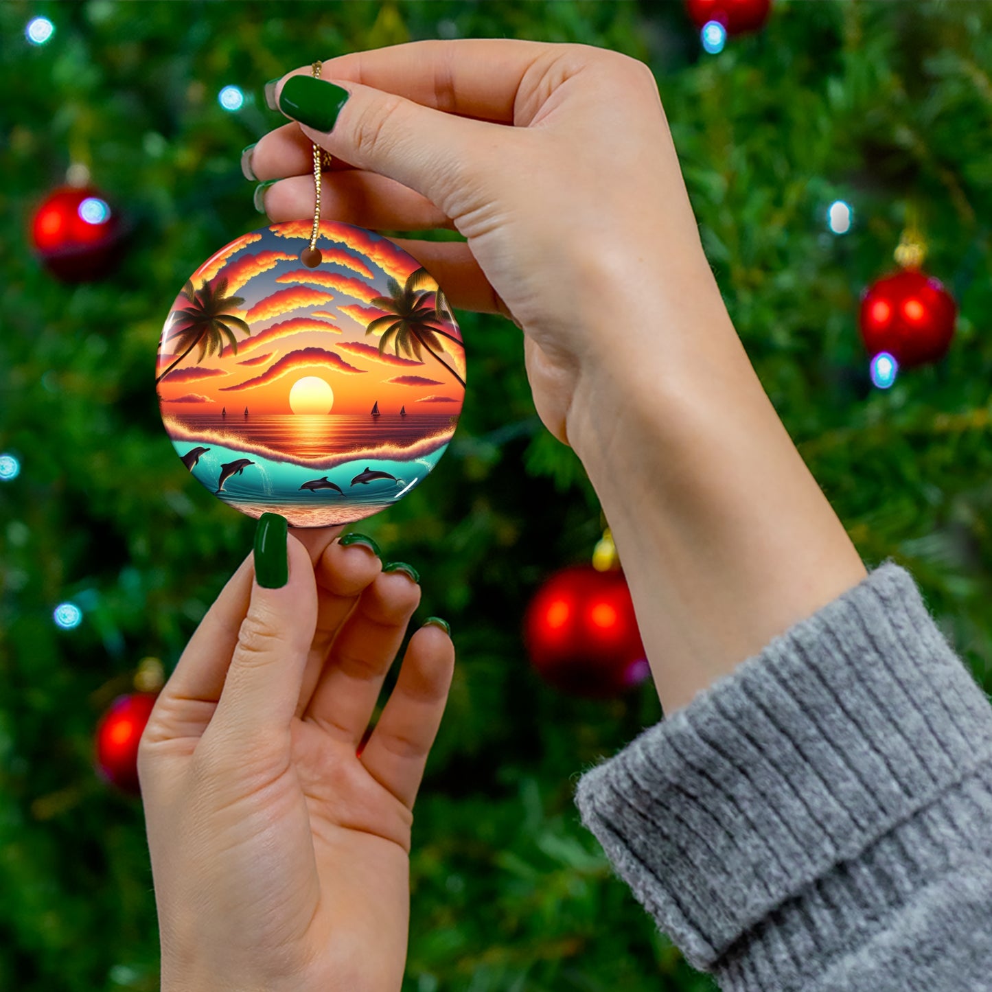 Ceramic Ornament, Tropical Beach Sunset, Star Heart Snowflake Circle, Paradise Embrace, Dolphins Sailboats Palm Trees, Christmas Tree
