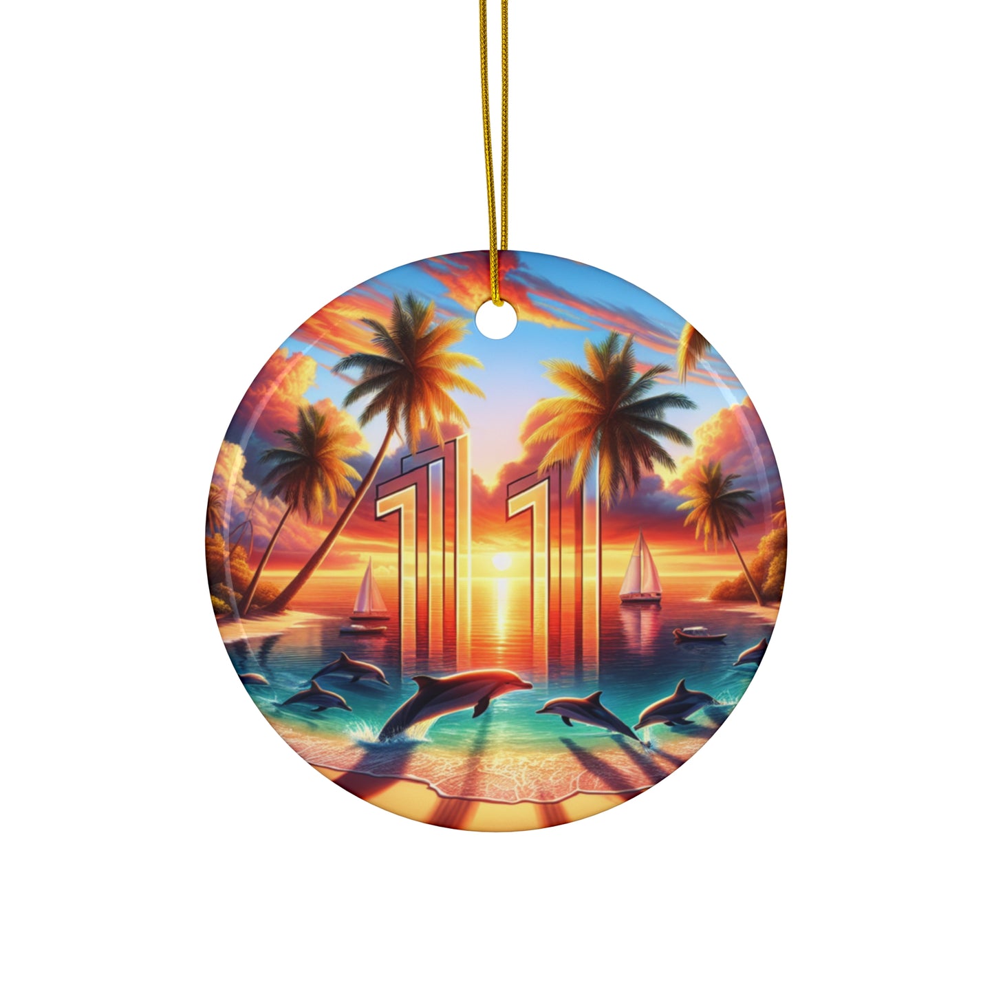 Ceramic Ornament Star, Heart, Snowflake or Circle 1111 "Paradise Twilight: Tropical Beach Serenade" - Tropical Beach Sunset with Palm Trees