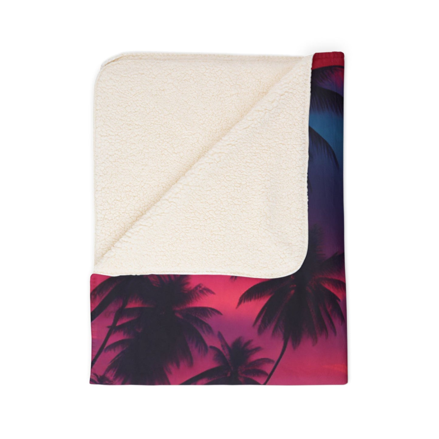 "Paradise Twilight: A Tropical Beach Symphony" - Sherpa Fleece Blanket with Tropical Beach Sunset and Palm Trees