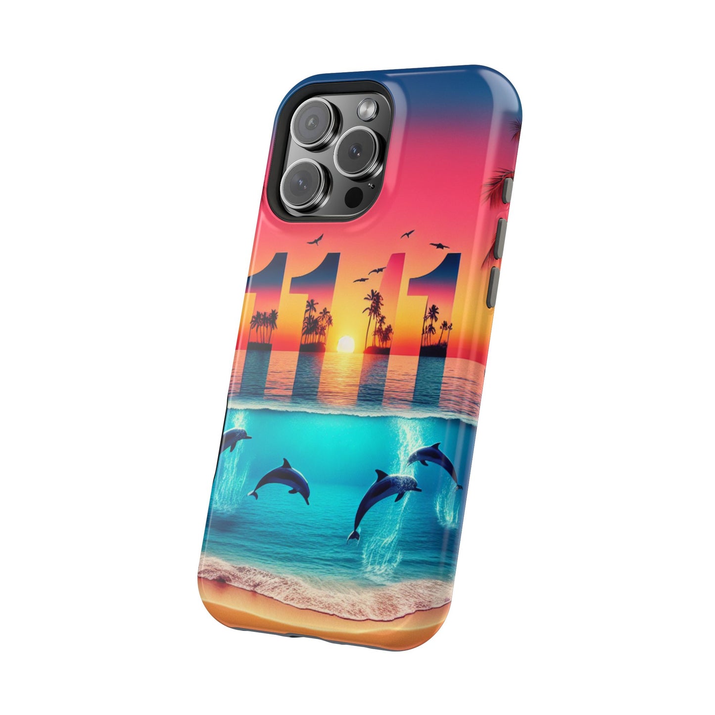 Magnetic Phone Cases, Tropical Sunset Symphony Tough Case for iPhone, Beach Dolphin Sailboat Art, Max Pro 13-16, Paradise Unveiled