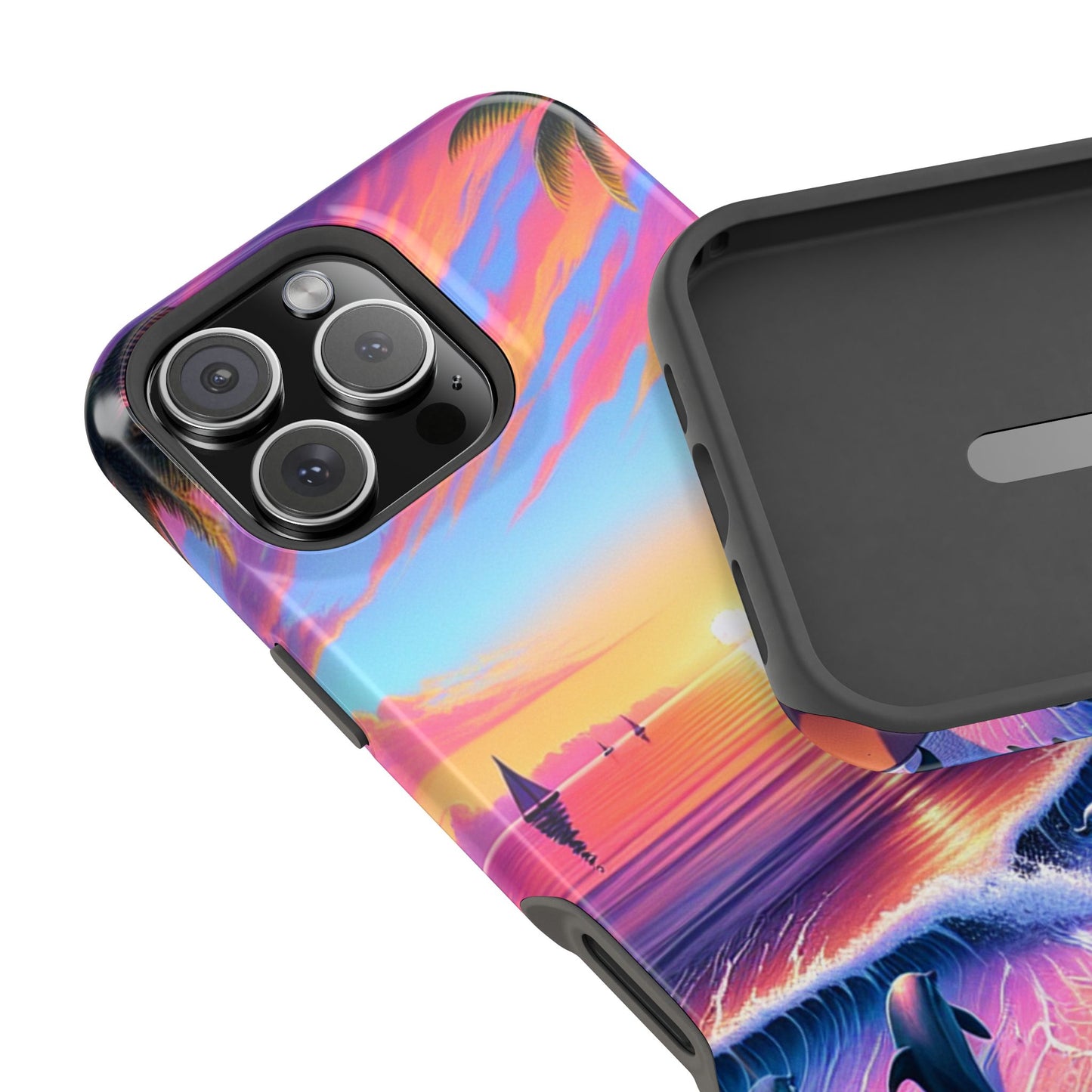 Magnetic Tough Phone case for phone 16 15 14 13 Pro Plus and Max 1111 "Paradise Serenity: A Tropical Twilight Symphony" - Tough Phone Case with Tropical Beach Sunset Dolphins ande Sailboats HD Art